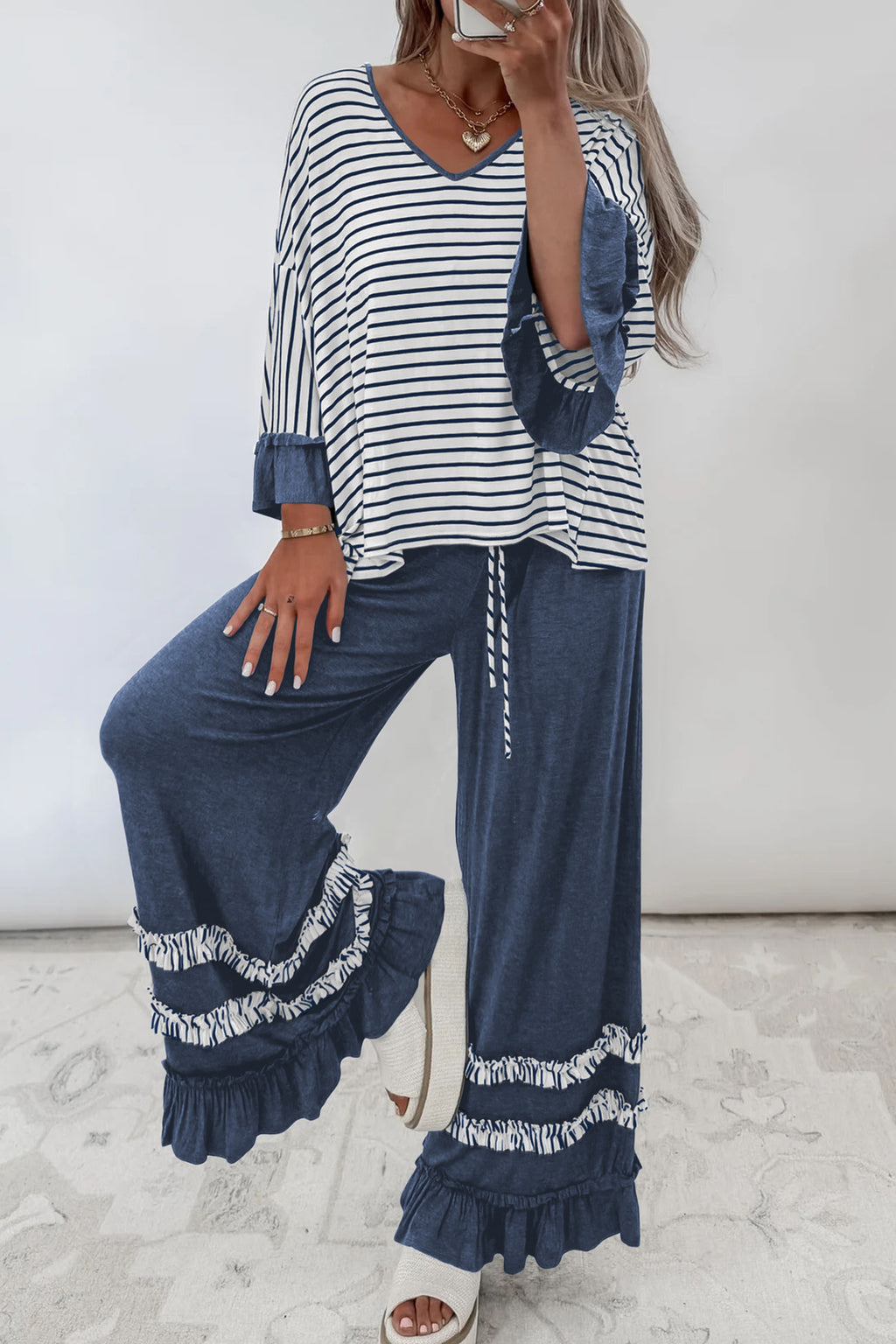 Blue Stripe V Neck Ruffle Contrast Sleeve Top Drawstring Pants 2pcs Set PREODER