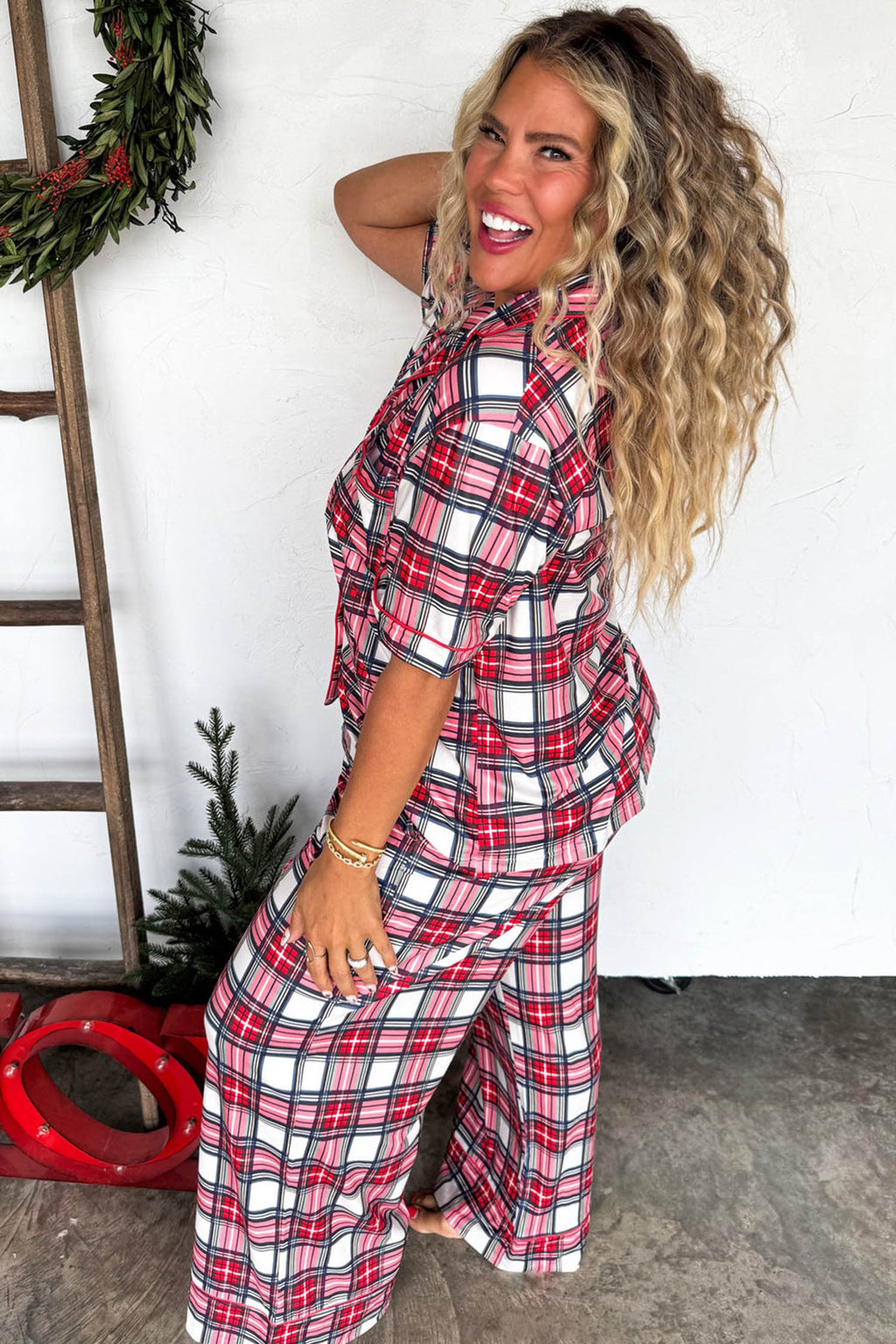 Red Plus Size Short Sleeve Button Down Plaid Pajama 2pcs Pant Set PREORDER ETA 3 WEEKS