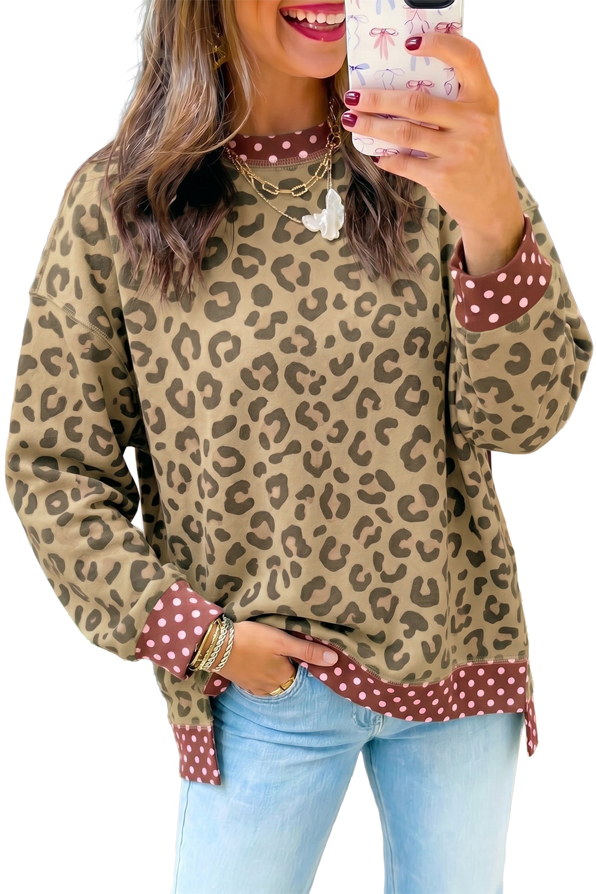 Brown Leopard Polka Dot Colorblock Trim Long Sleeve Top PREORDER ETA 3 WEEKS