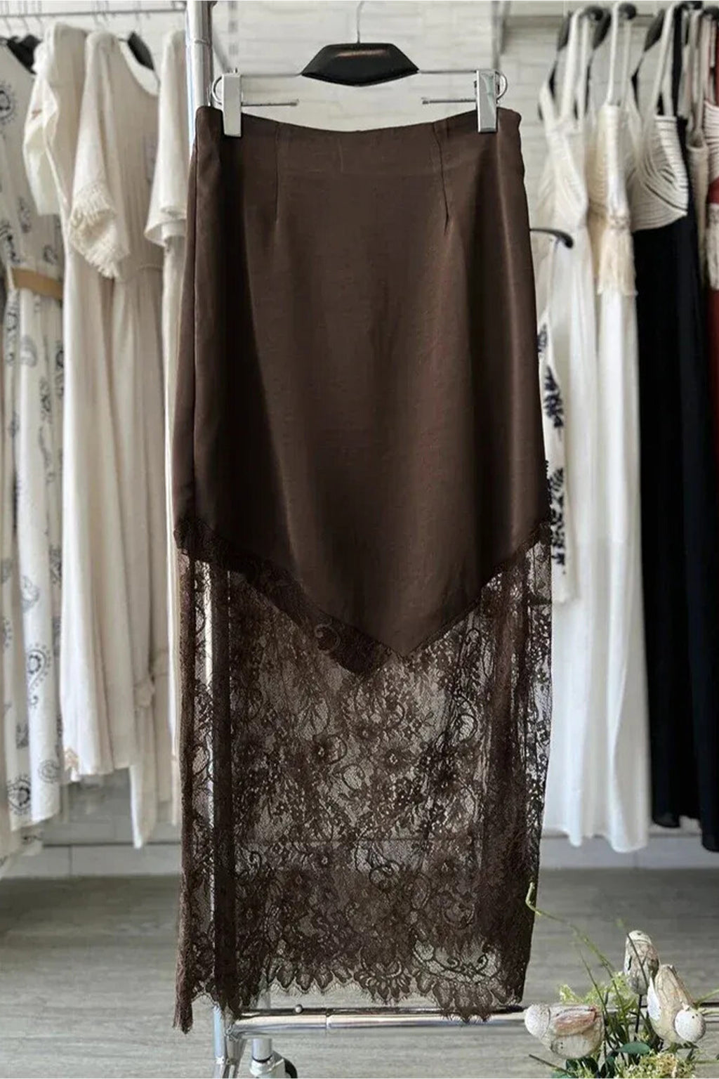 Dark Brown Lace Patchwork Hem Long Casual Shift Skirt PREORDER ETA 3 WEEKS