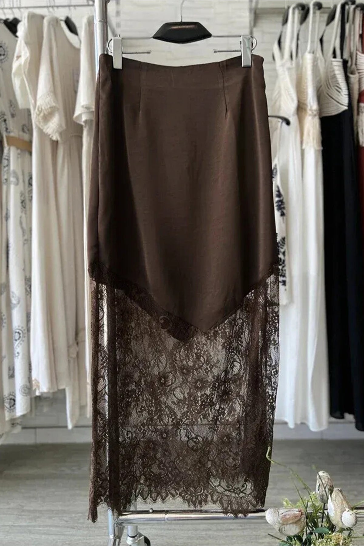Dark Brown Lace Patchwork Hem Long Casual Shift Skirt PREORDER ETA 3 WEEKS