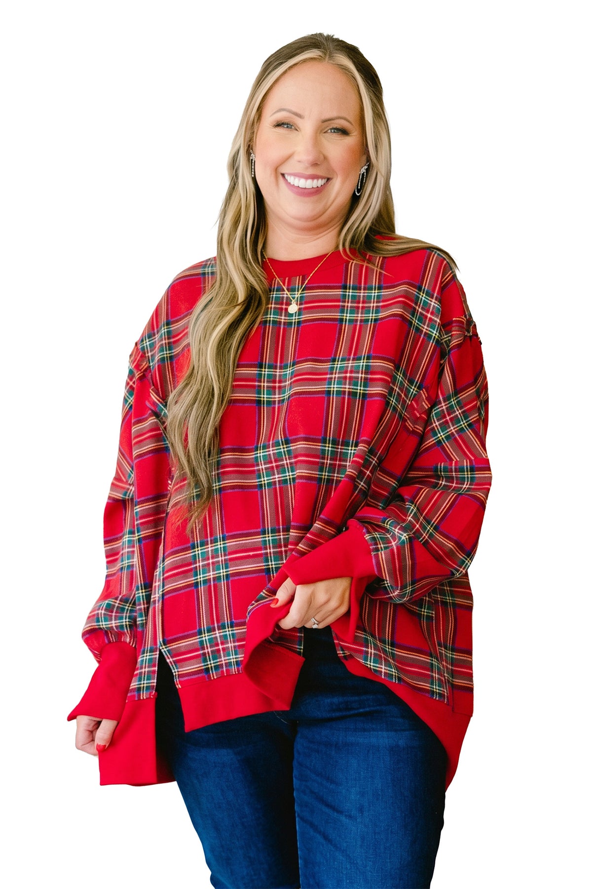 Red Plus Size Festive Plaid Long Sleeve Split Tunic Sweatshirt PREORDER ETA 3 WEEKS