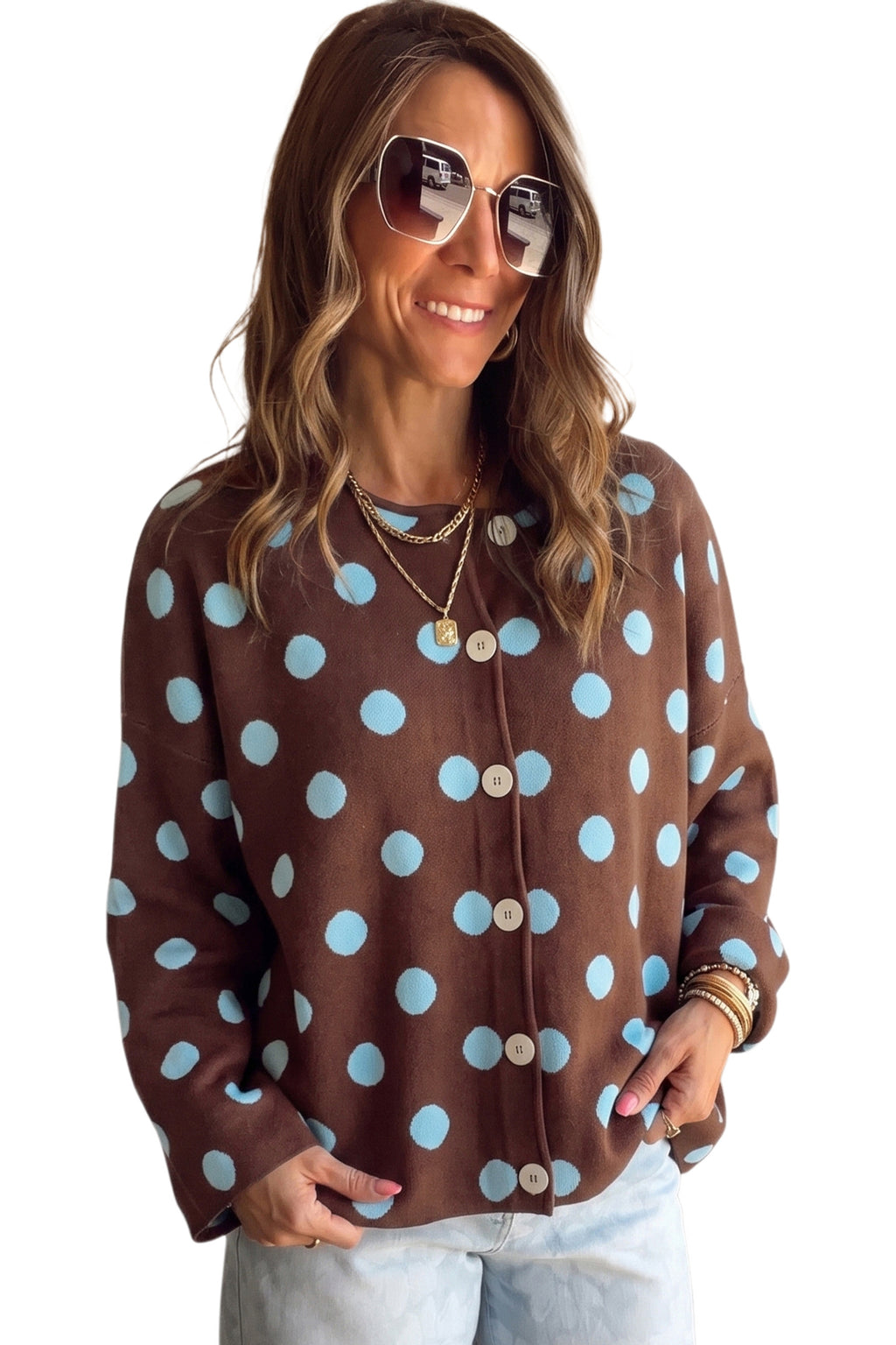 Brown Polka Dot Button Down Dropped Shoulder Shift Cardigan PREORDER ETA 3 WEEKS