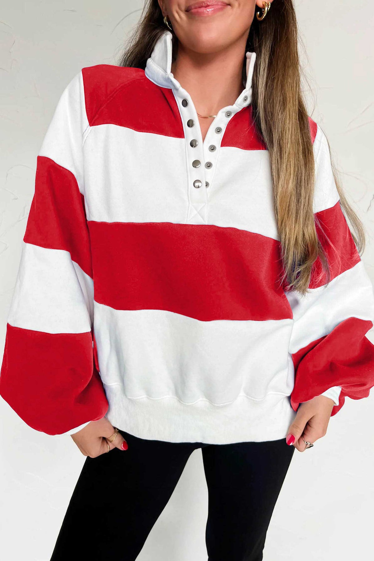 Fiery Red Striped Color Block Button V Neck Puff Sleeve Casual Sweatshirt PREORDER ETA 3 WEEKS