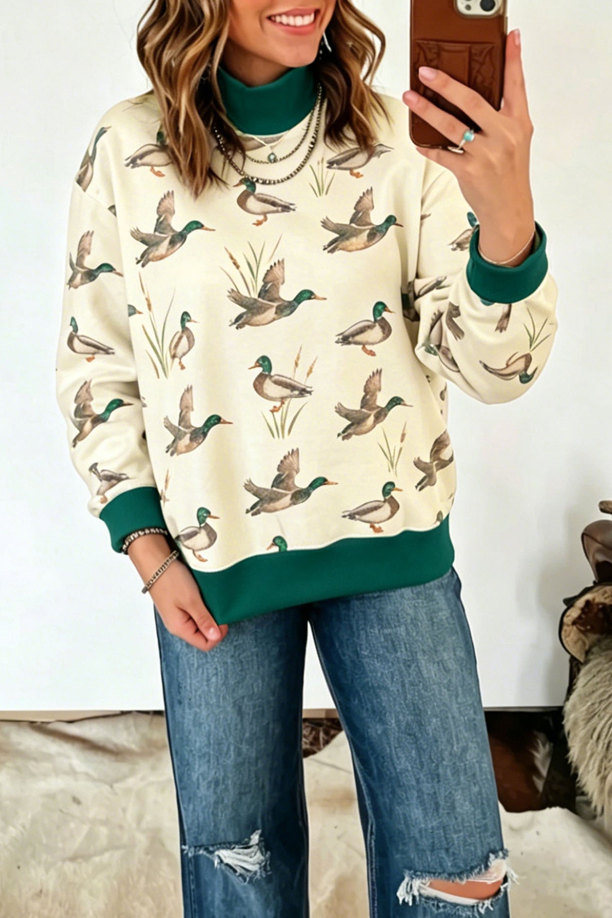 Multicolour Mallard Print Patchwork Colorblock High Neck Sweatshirt PREORDER ETA 3 WEEKS