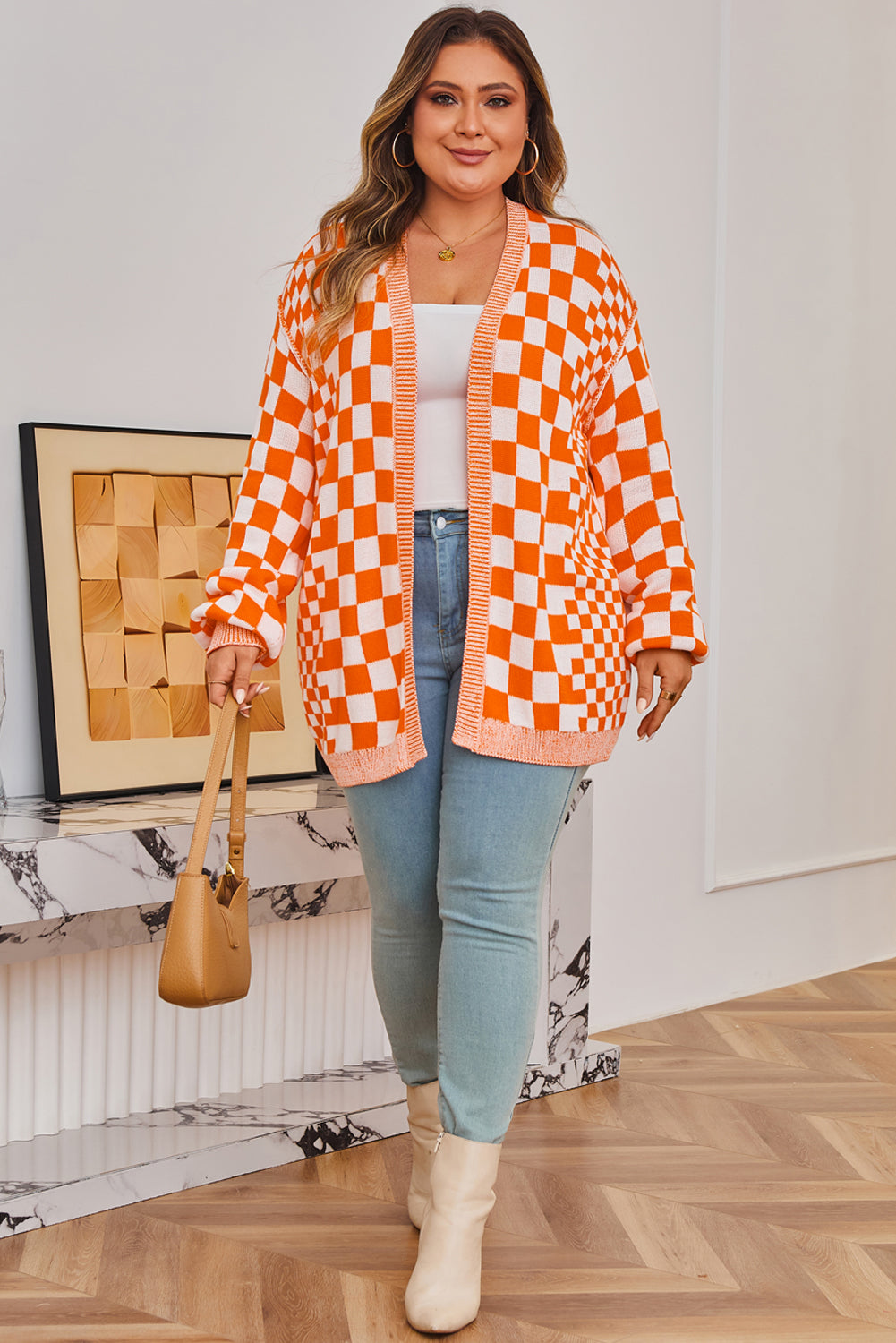 Orange Plus Size Checkered Bubble Sleeve Drop Shoulder Open Cardigan PREORDER ETA 3 WEEKS