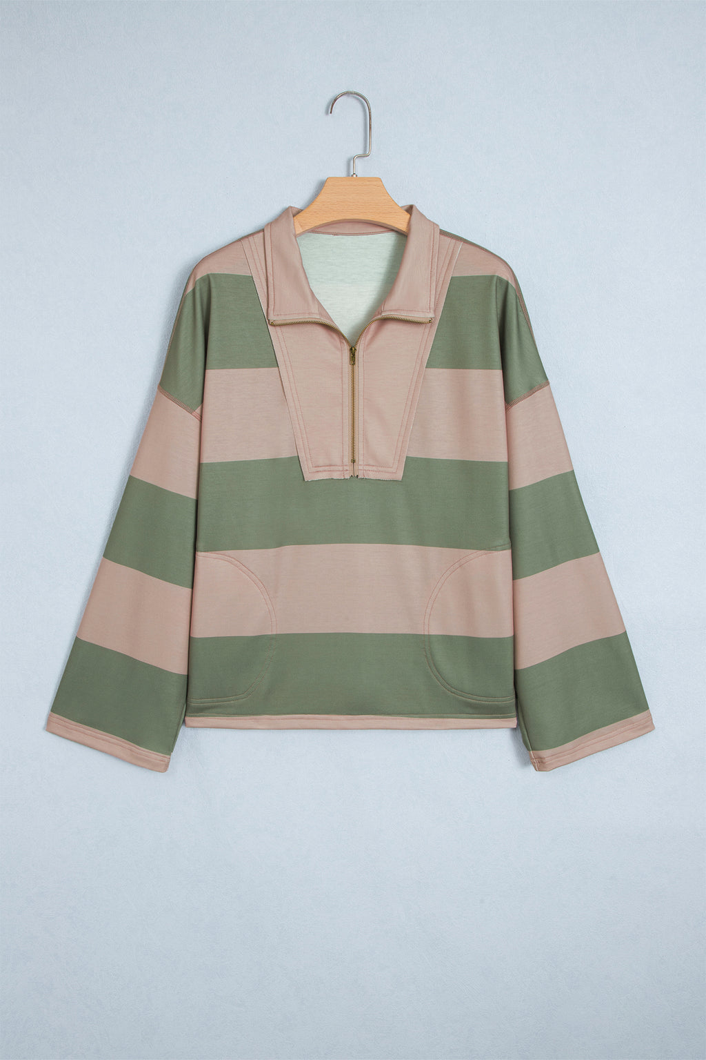 Green Striped Colorblock Zipper Pullover Long Sleeve Loose Top