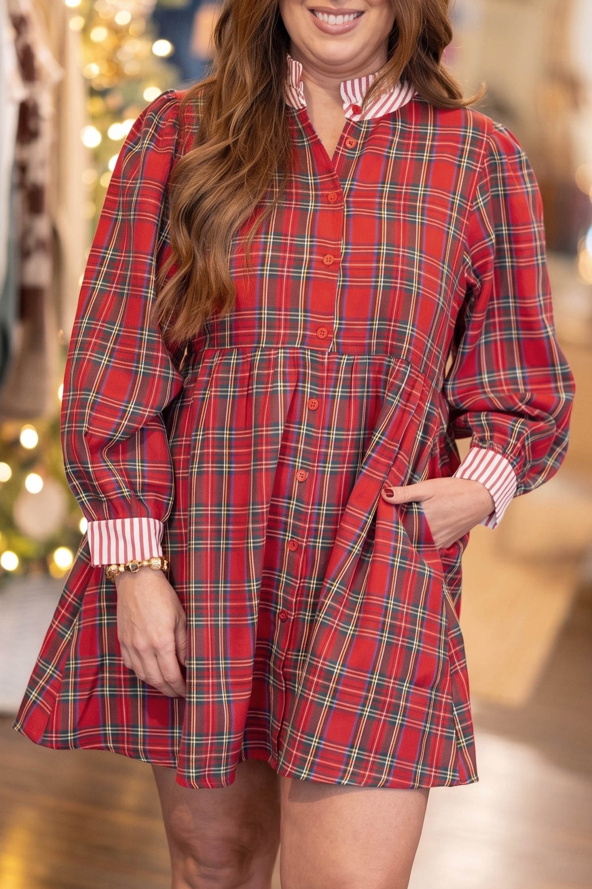 Red Plaid Striped V Neck Collar Cuff Details Shift Plus Size Dress PREORDER ETA 3 WEEKS