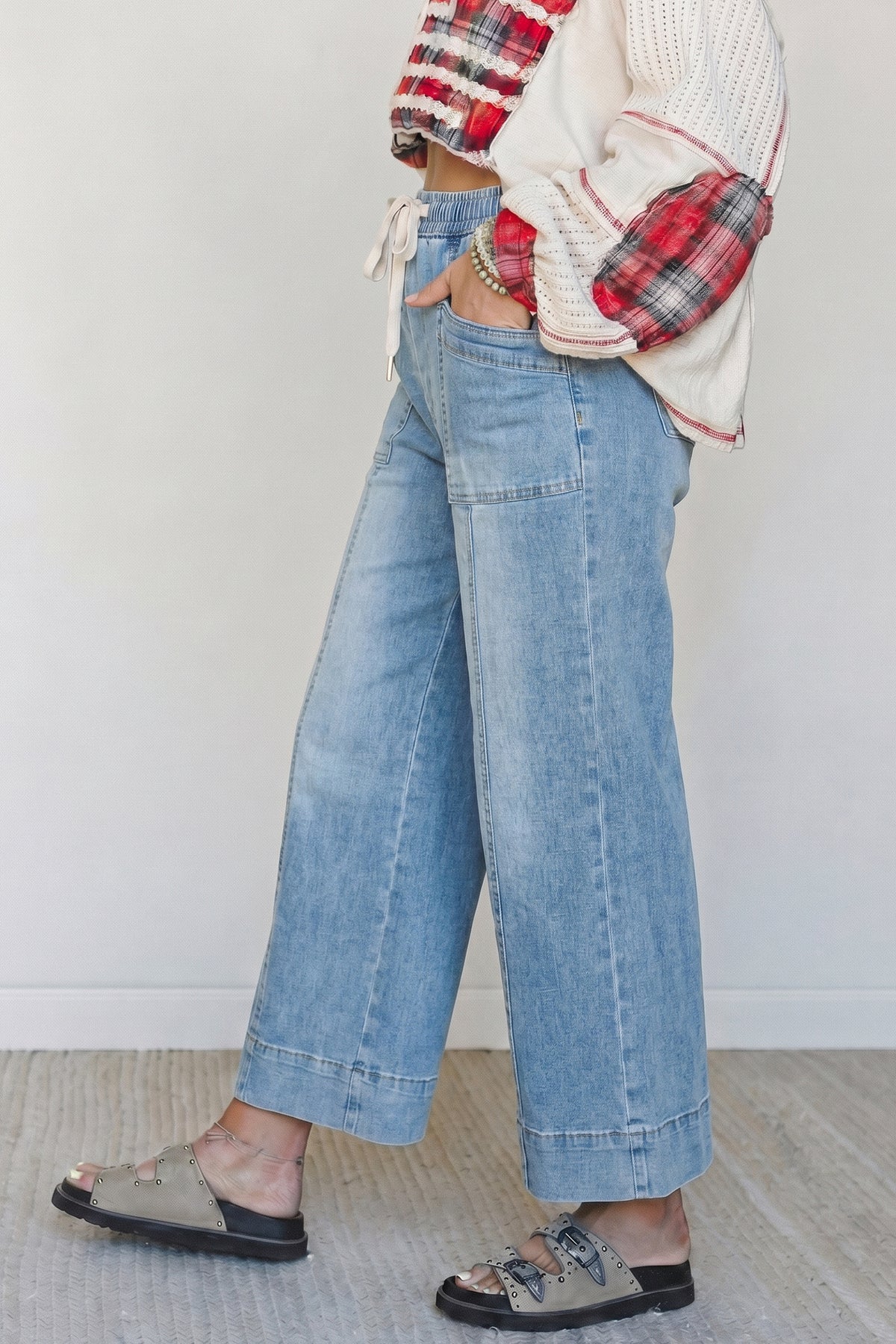 Beau Blue Drawstring Waist Wide Leg Ankle Length Jeans PREORDER ETA 3 WEEKS