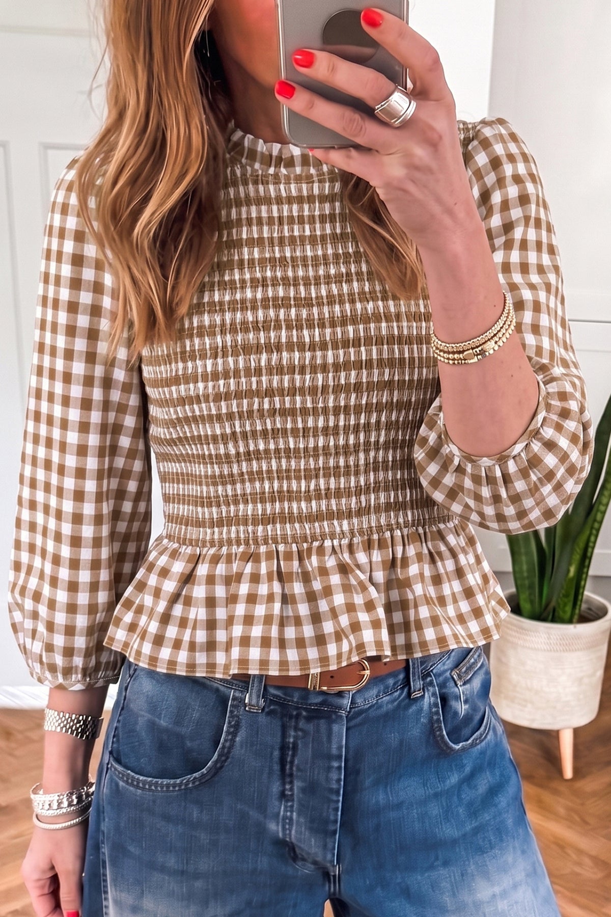 Brown 3/4 Sleeve Shirred Plaid Peplum Top PREORDER ETA 3 WEEKS