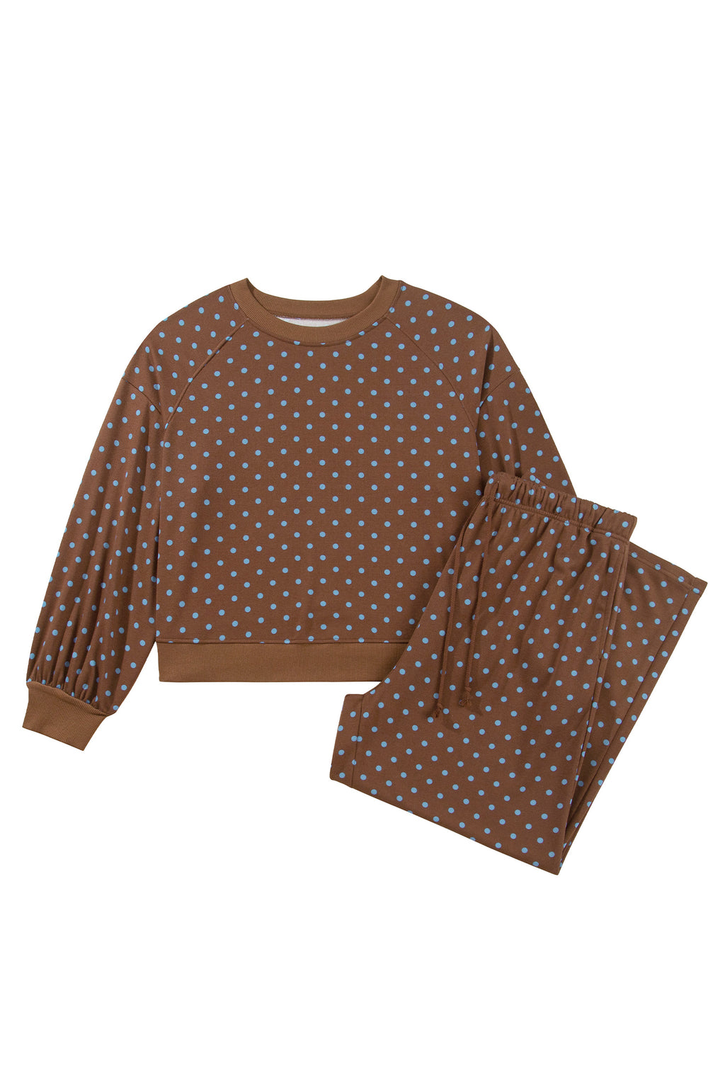Brown Polka Dot Round Neck Long Sleeve Plus Size Set PREORDER ETA 3 WEEKS