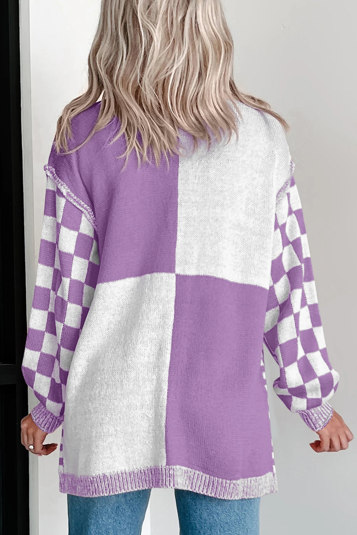 Purple Checkered Open Front Drop Shoulder Cardigan PREORDER ETA 3 WEEKS