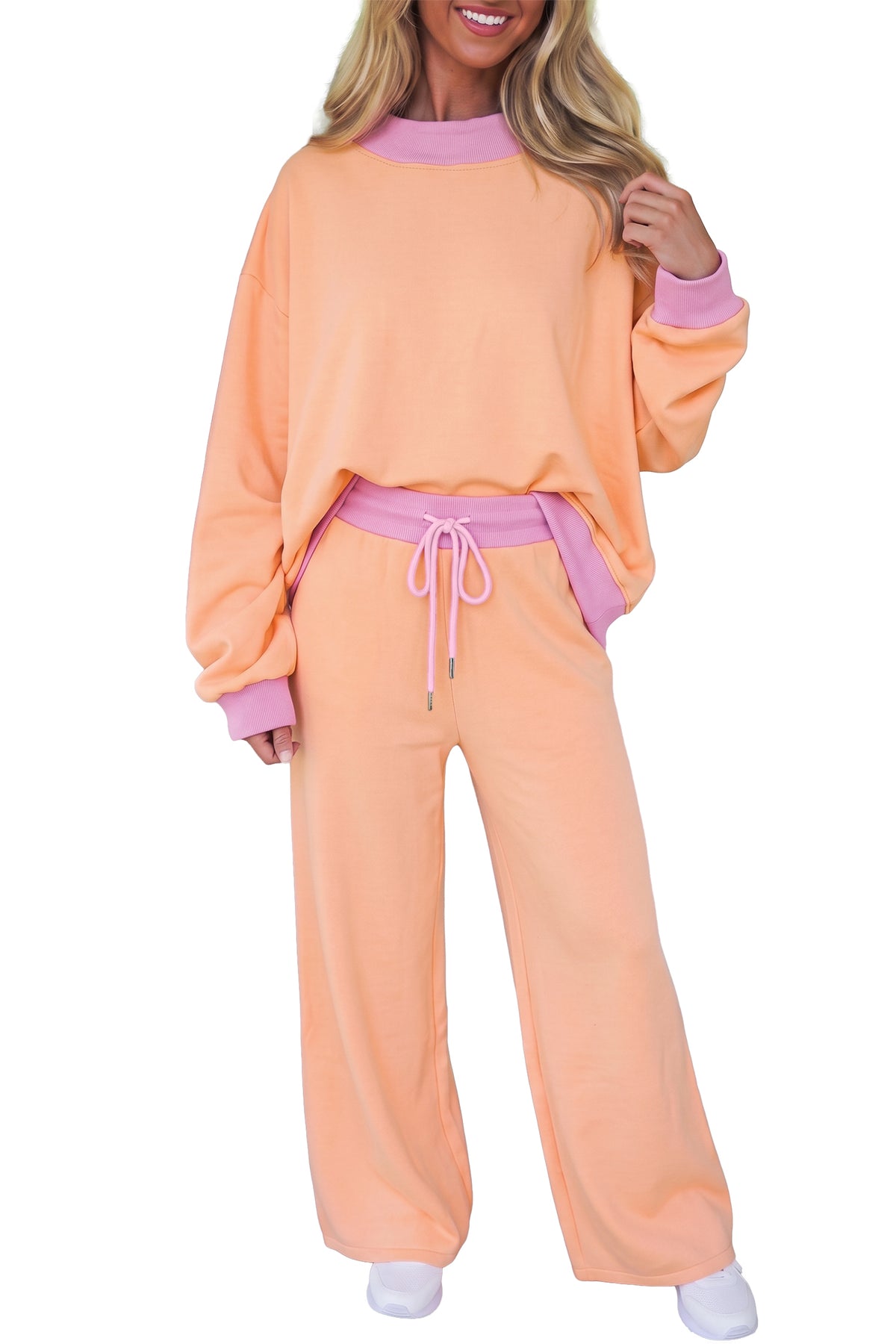 Grapefruit Orange Color Block Trim Long Sleeve Pullover Drawstring Shift Pants Set PREORDER ETA 3 WEEKS