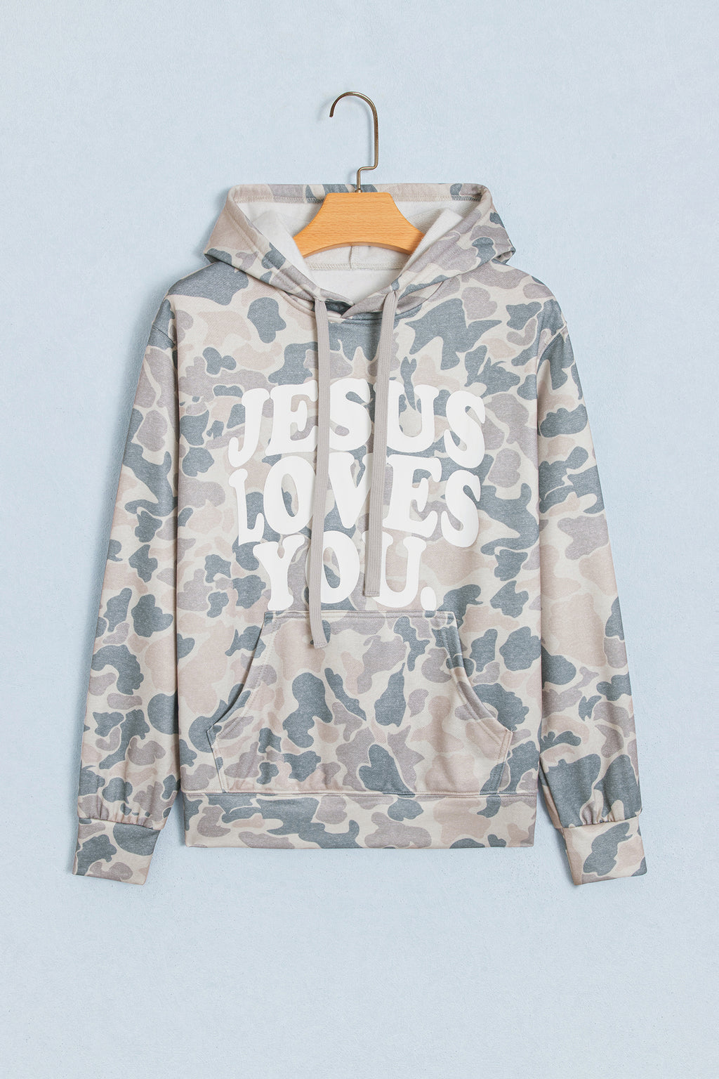 Brown Retro Camouflage Jesus Loves You Print Relaxed Hoodie