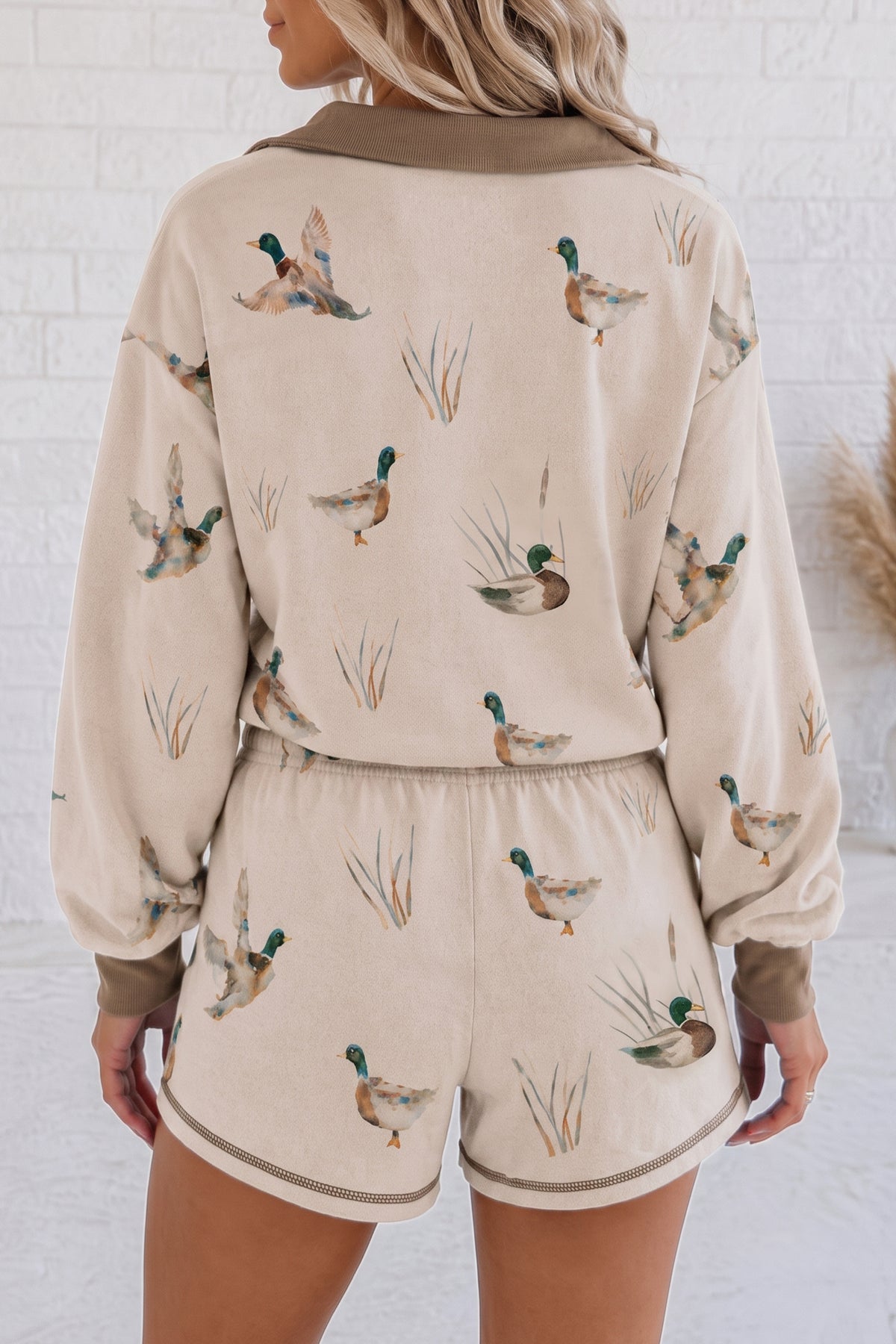 Khaki Mallard Print Color Block Patchwork Zip Pullover and Shorts Set PREORDER ETA 3 WEEKS