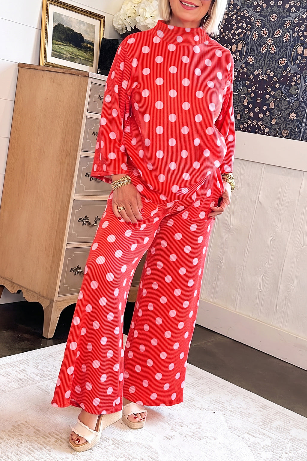Red Polka Dot Ribbed Knit Mock Neck Pullover Two Piece Pants Set PREORDER ETA 3 WEEKS