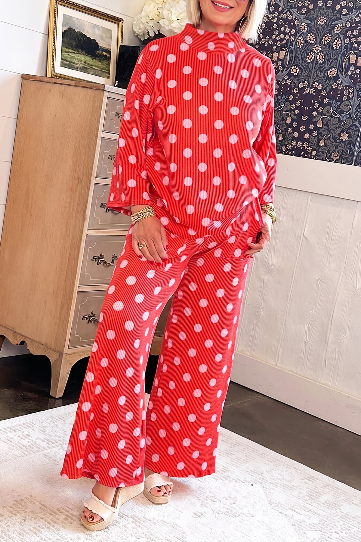 Red Polka Dot Ribbed Knit Mock Neck Pullover Two Piece Pants Set PREORDER ETA 3 WEEKS
