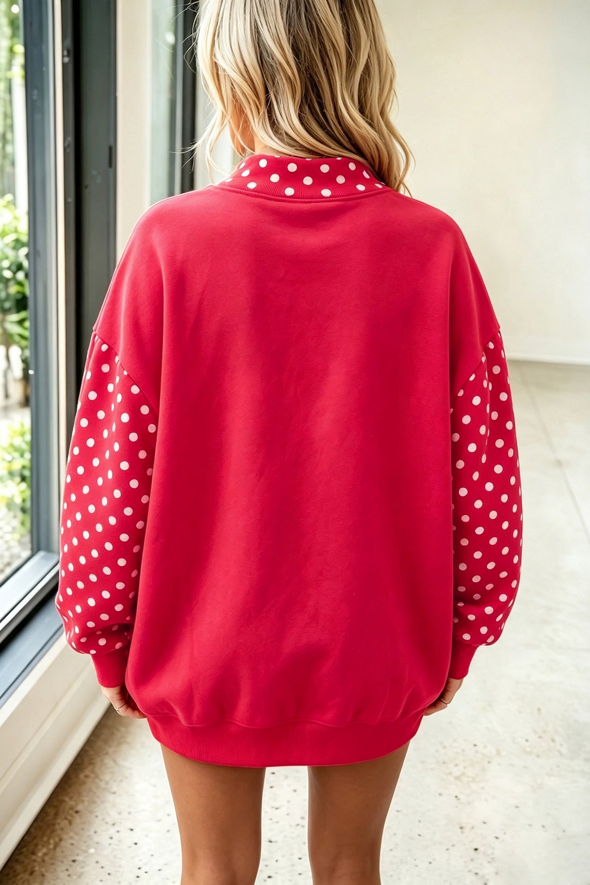 Fiery Red Polka Dot Contrast Round Neck Long Sleeve Baggy Sweatshirt PREORDER ETA 3 WEEKS