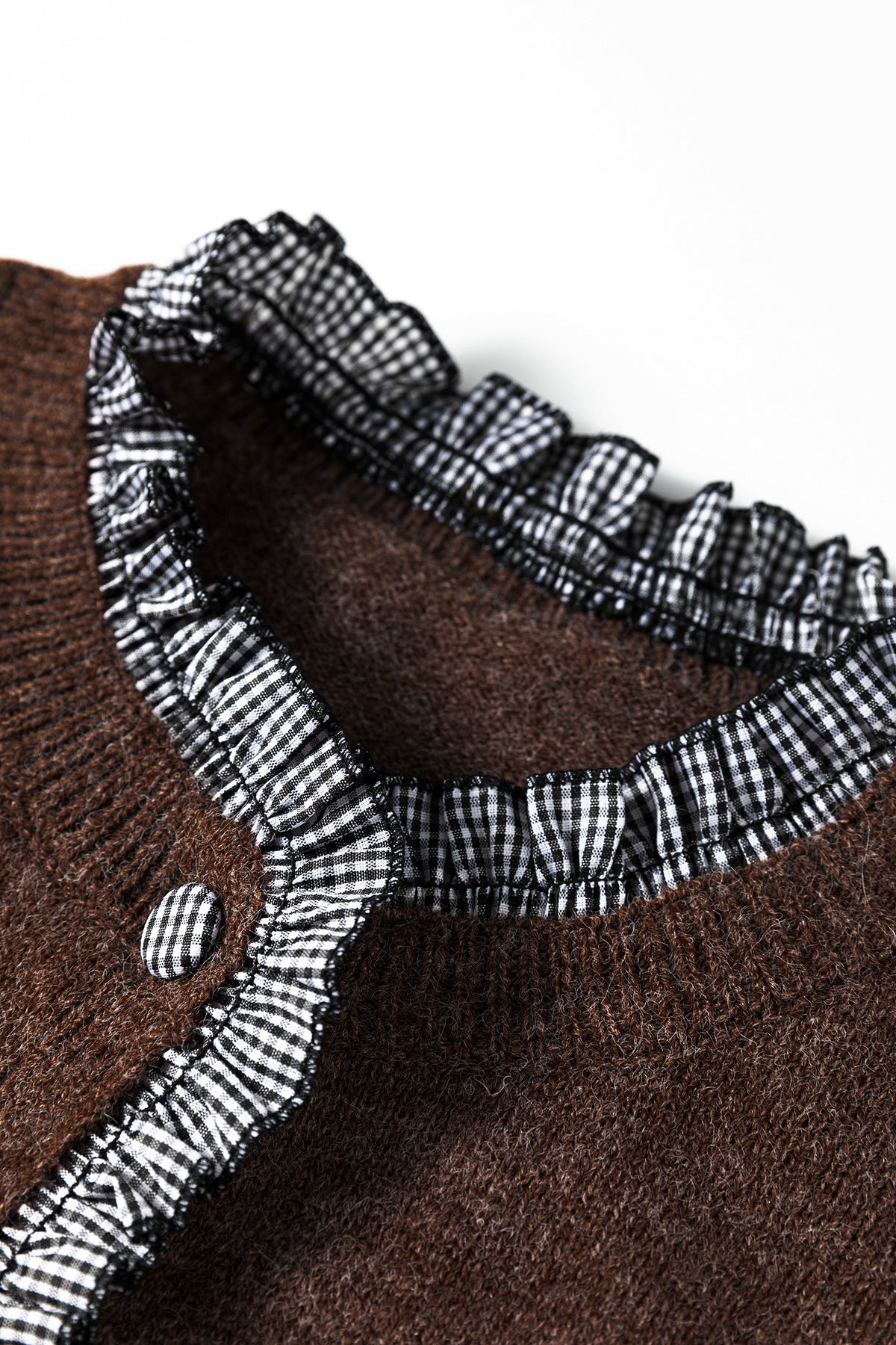Chicory Coffee Plaid Ruffle Trim Patchwork Button Sweater Cardigan PREORDER ETA 3 WEEKS