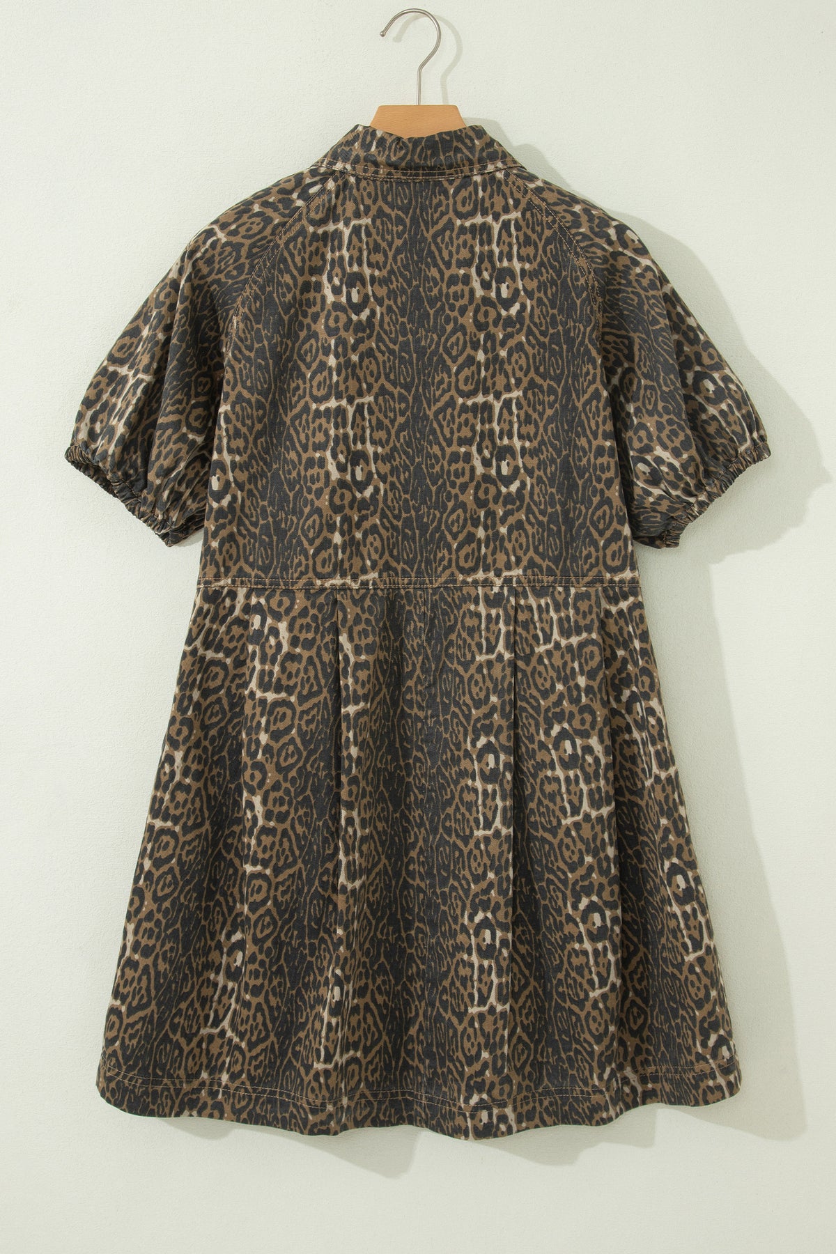 Gray Leopard Print Short Sleeve Pleated Denim Mini Dress PREORDER ETA 3 WEEKS