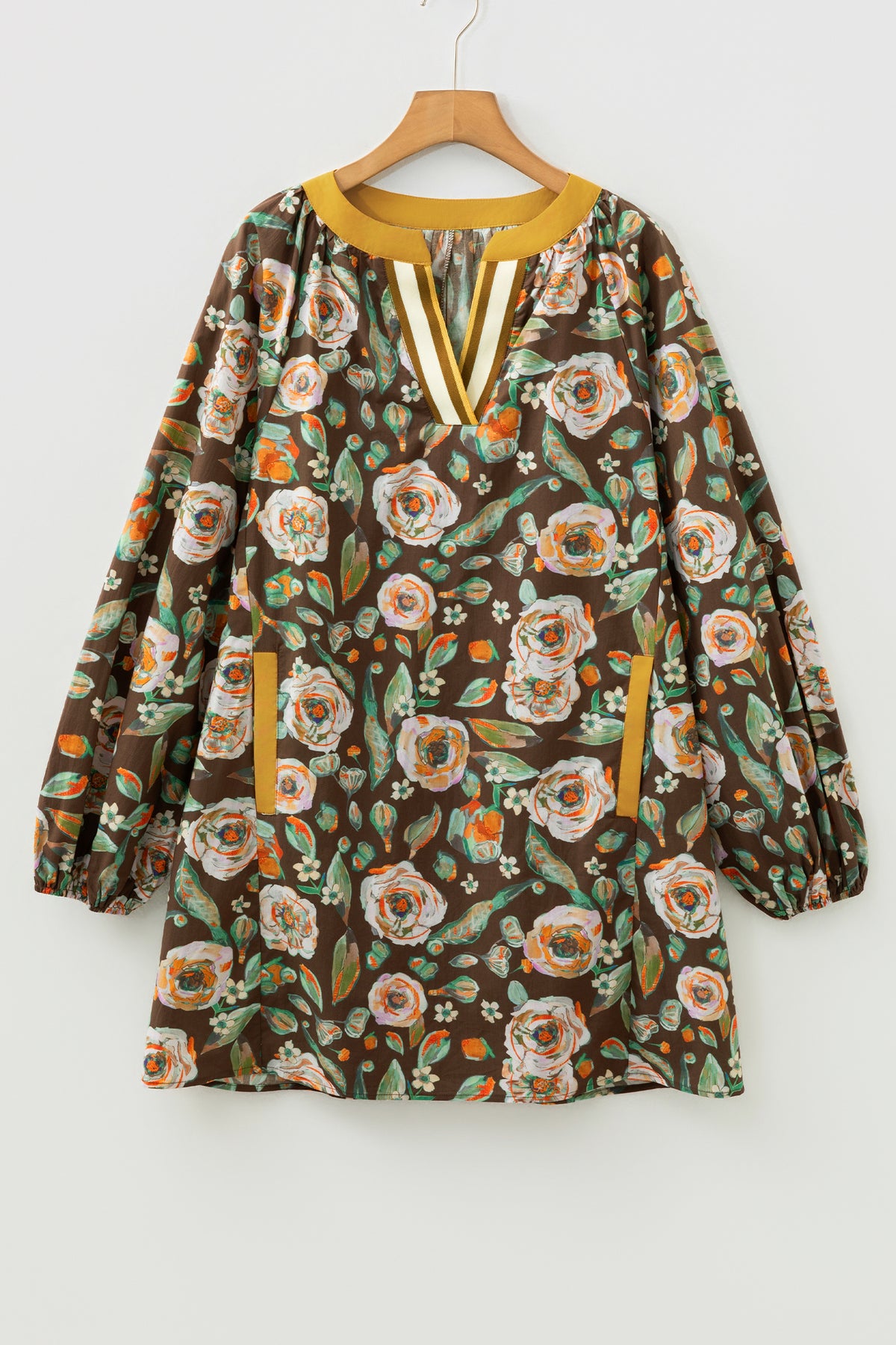 Brown Floral Print Contrast Trim V Neck Pocketed Long Sleeve Mini Dress PREORDER ETA 3 WEEKS