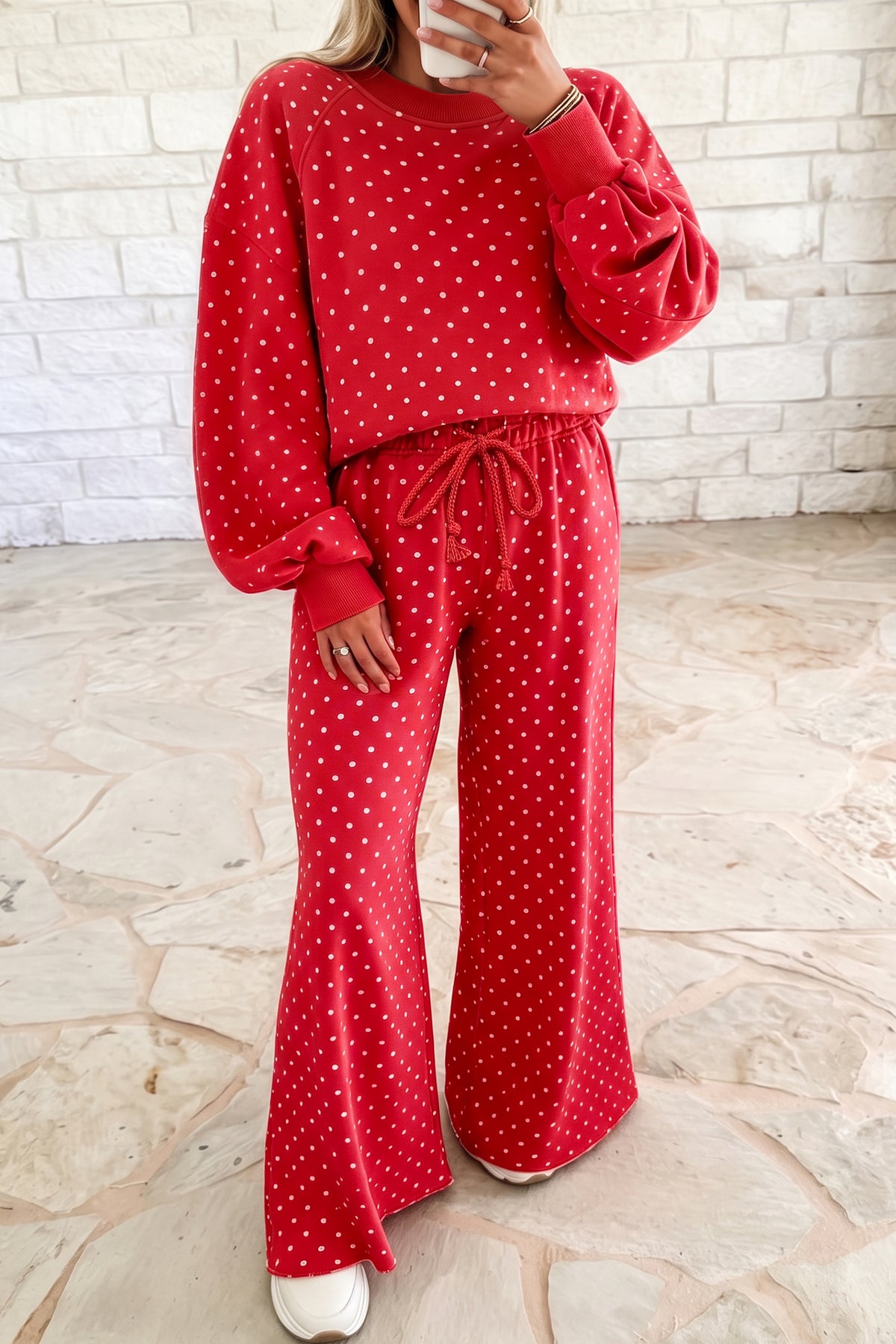 Polka Dot Drawstring Wide Leg Long Sleeve Top Pant Set PREORDER ETA 3 WEEKS