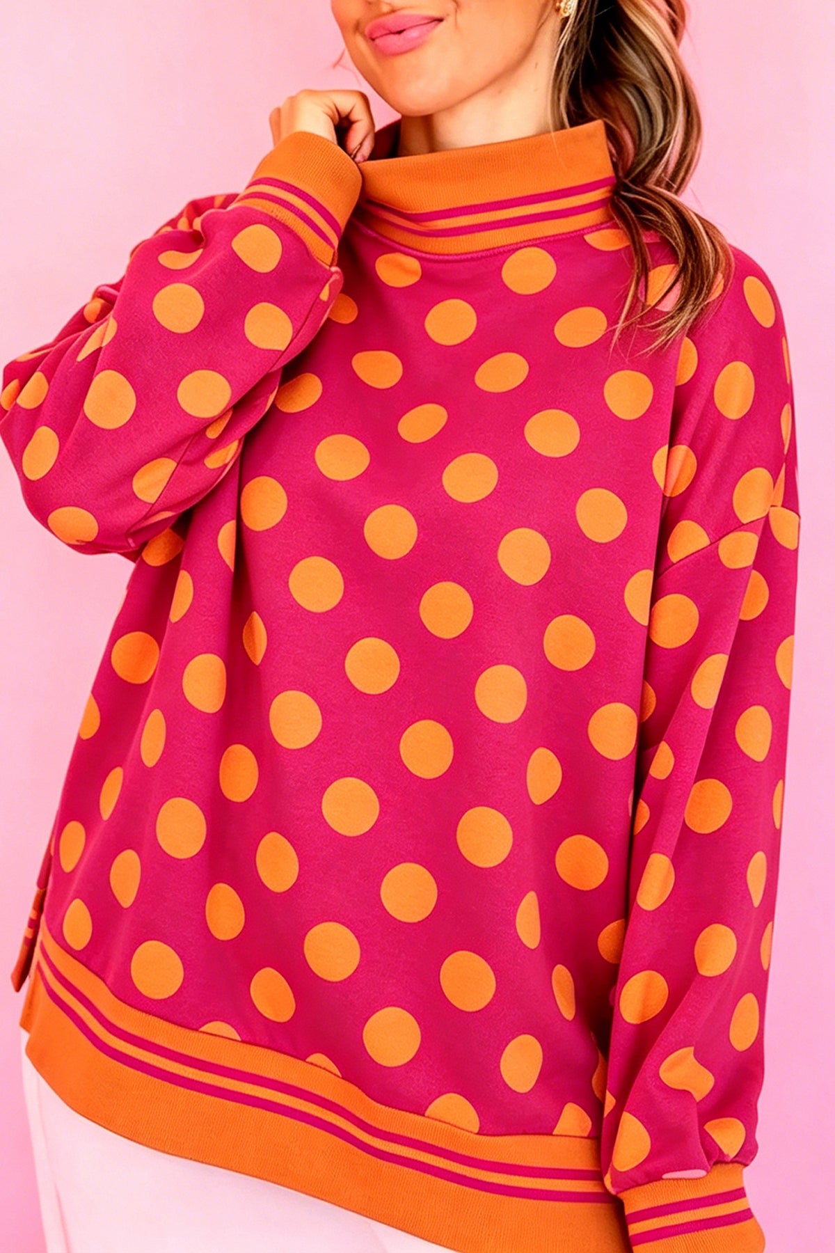 Rose Polka Dot Striped Trim Mock Neck Sweatshirt PREORDER ETA 3 WEEKS