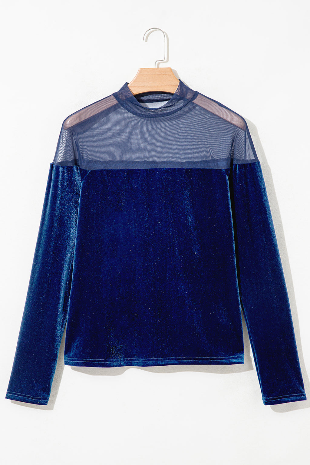 Navy Blue Velvet Long Sleeve Sheer Neck Patchwork Casual Pullover Top PREORDER ETA 3 WEEKS