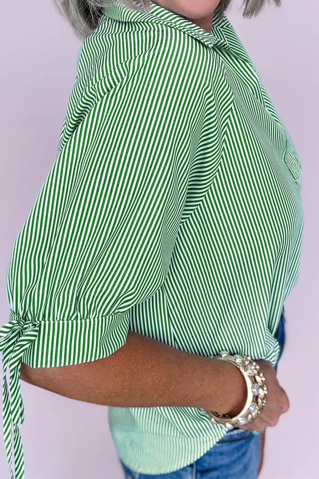 Mint Green Striped Print Collared Split Neck Half Sleeve Blouse PREORDER ETA 3 WEEKS