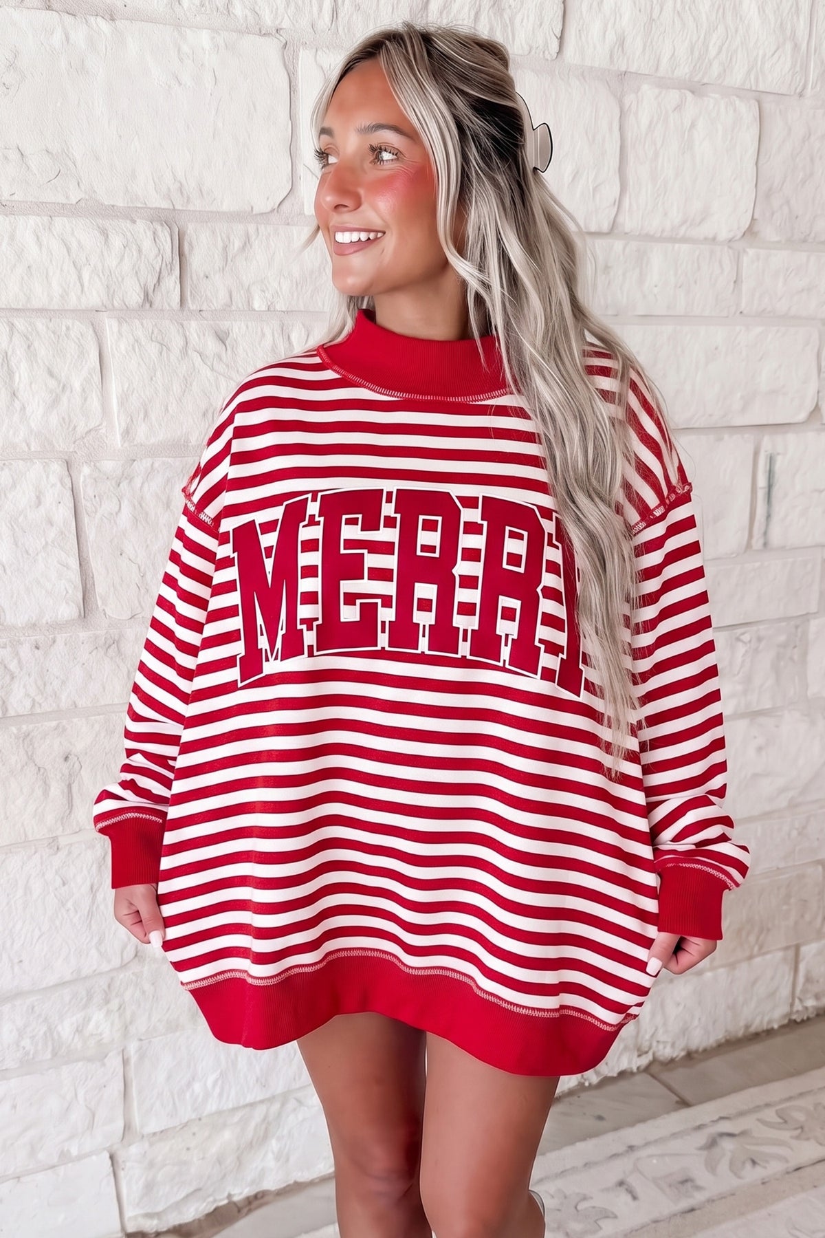 Red Stripe Christmas Slogan Embroidery Patched Mock Neck Oversized Sweatshirt PREORDER ETA 3 WEEKS
