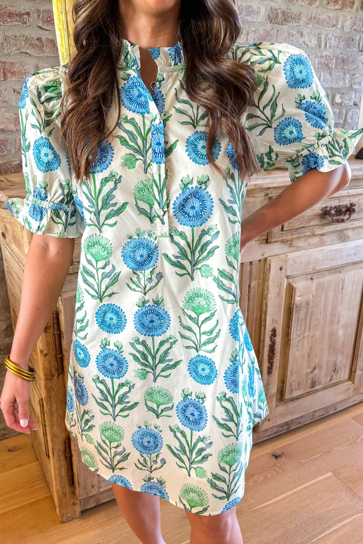 Sky Blue Floral Print Half Button Frilly Short Sleeve Dress PREORDER ETA 3 WEEKS