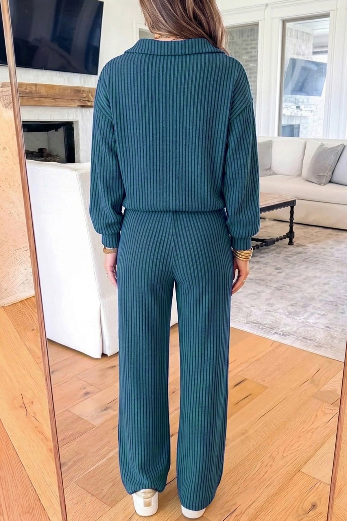 Sky Blue Ribbed Knit Collar V Neck Pullover Drawstring Waist Pants 2pcs Set PREORDER ETA 3 WEEKS
