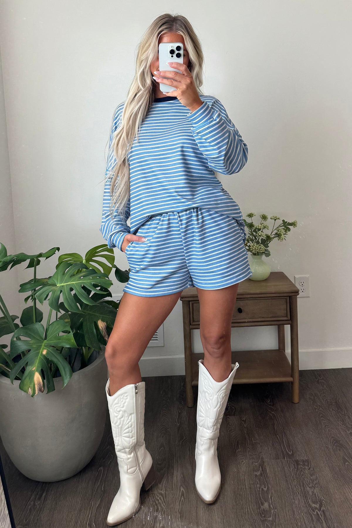 Sky Blue Stripe Long Sleeve Oversized Top Pocketed Casual Shorts Two Piece Set PREORDER ETA 3 WEEKS