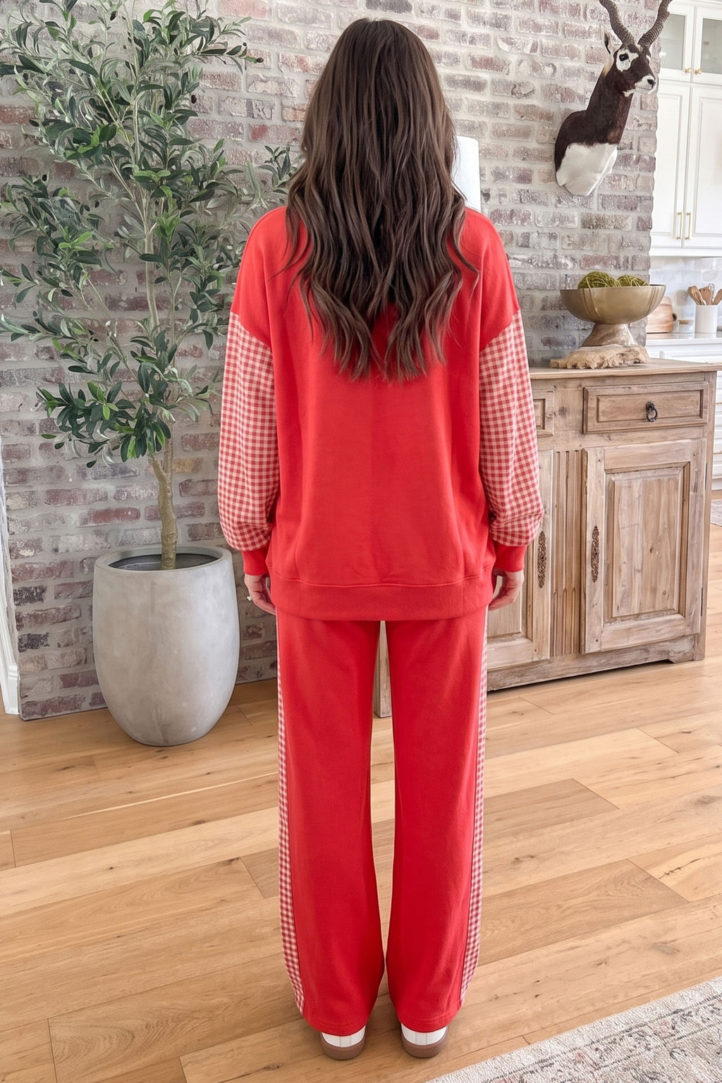 Fiery Red Plaid Contrast Long Sleeve Top And Wide Leg Pants Set PREORDER ETA 3 WEEKS