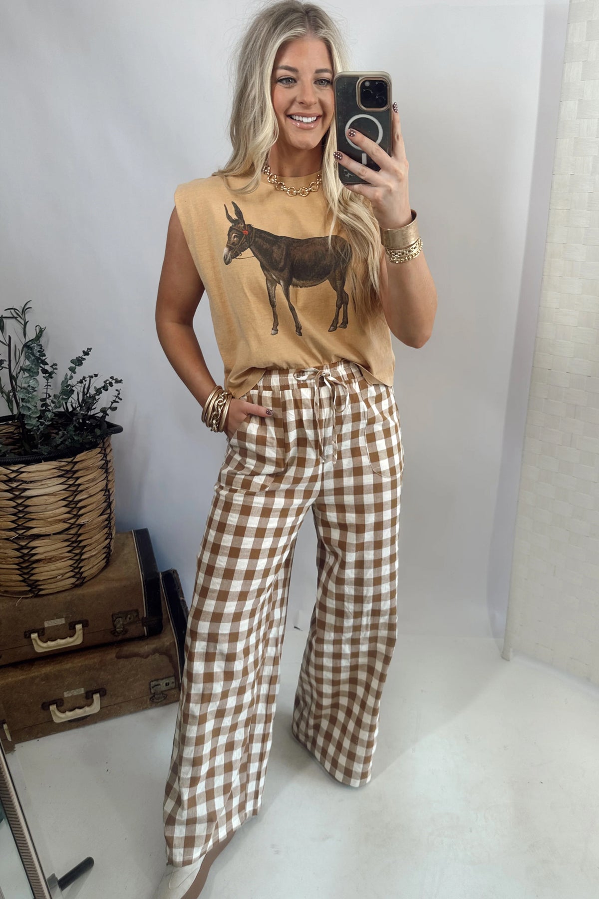 Brown Gingham Plaid Tie Elastic Waist Shift Pants PREORDER ETA 3 WEEKS