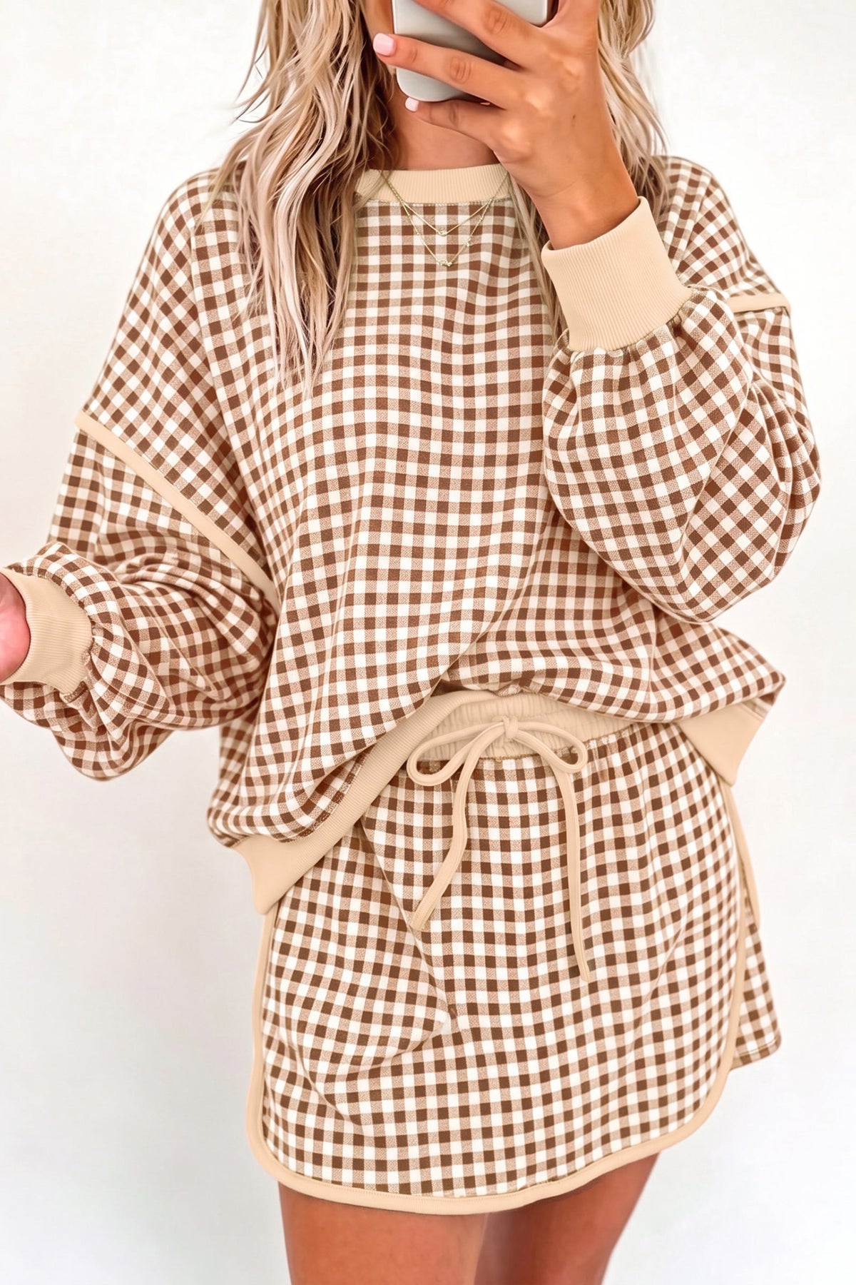 Green Gingham Oversized Ribbed Trim Crew Neck Long Sleeve Top and Skort Set PREORDER ETA 3 WEEKS