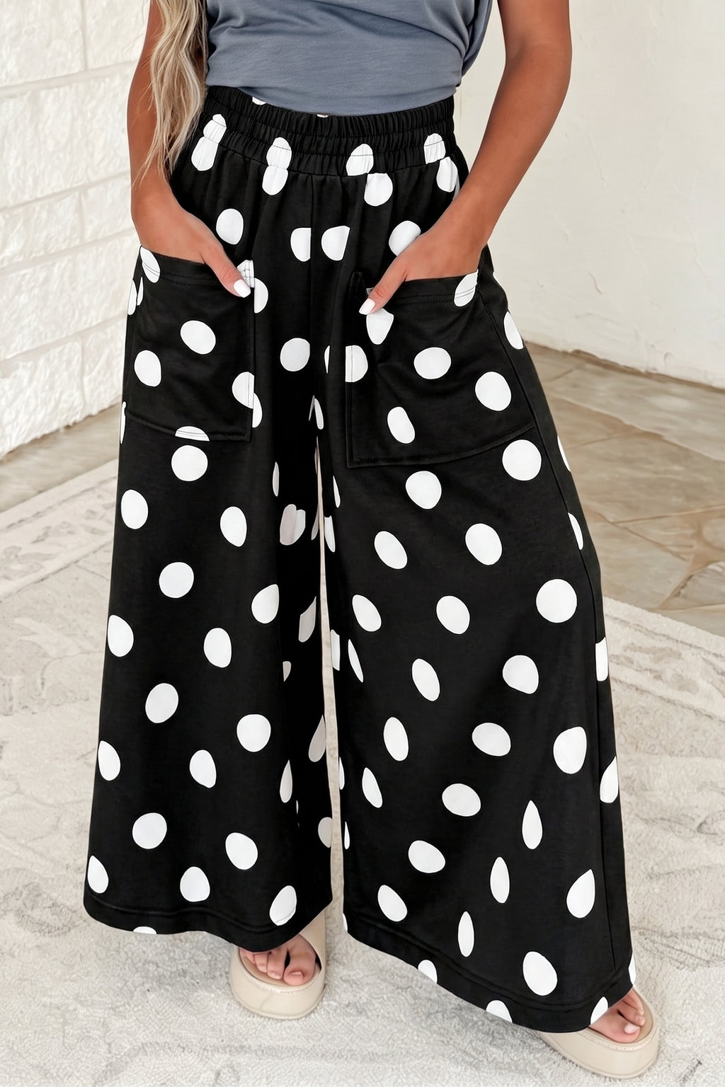 Black Polka Dot Wide Leg Elastic Waist Casual Pants PREORDER ETA 3 WEEKS