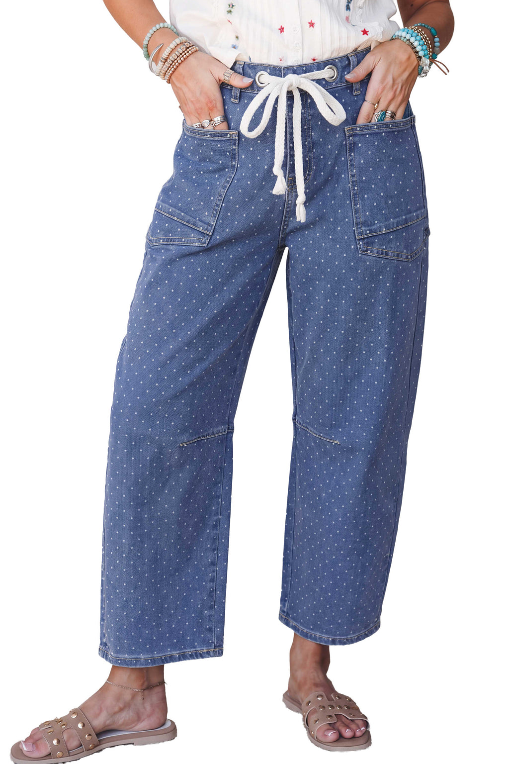Blue Casual Polka Dot Ankle-Length Drawstring Jeans PREORDER ETA 3 WEEKS