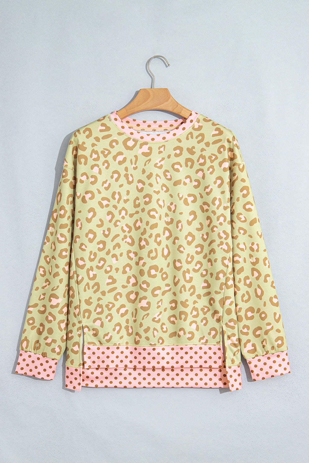 Khaki Leopard Polka Dot Colorblock Trim Long Sleeve Top PREORDER ETA 3 WEEKS