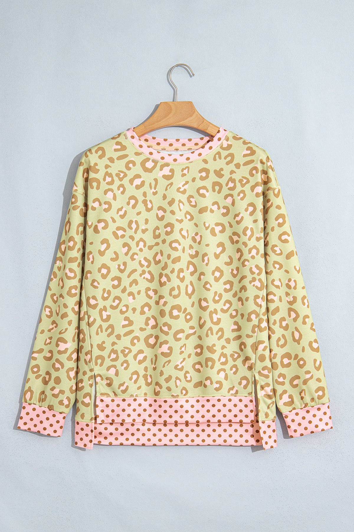 Khaki Leopard Polka Dot Colorblock Trim Long Sleeve Top PREORDER ETA 3 WEEKS