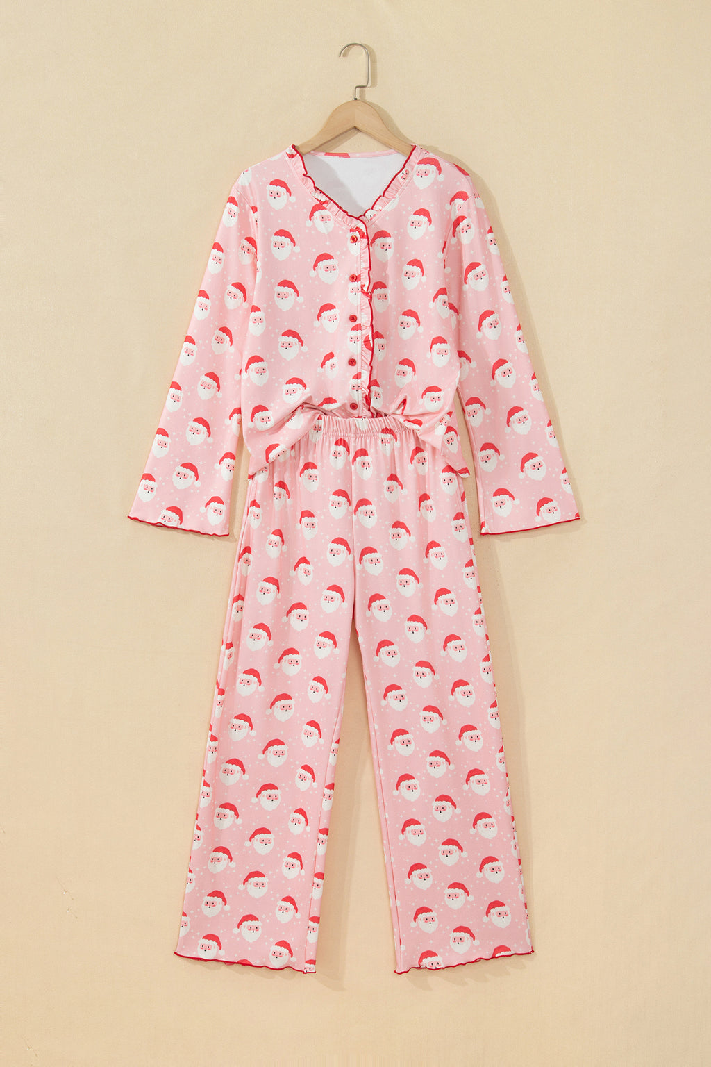 Pink Christmas Santa Print Frilled Button Front Long Sleeve Top Lounge Pant Set PREORDER ETA 3 WEEKS