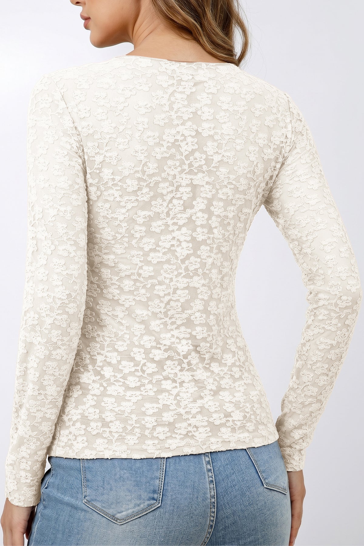 White Solid Color Floral Textured Long Sleeve Top PREORDER ETA 3 WEEKS