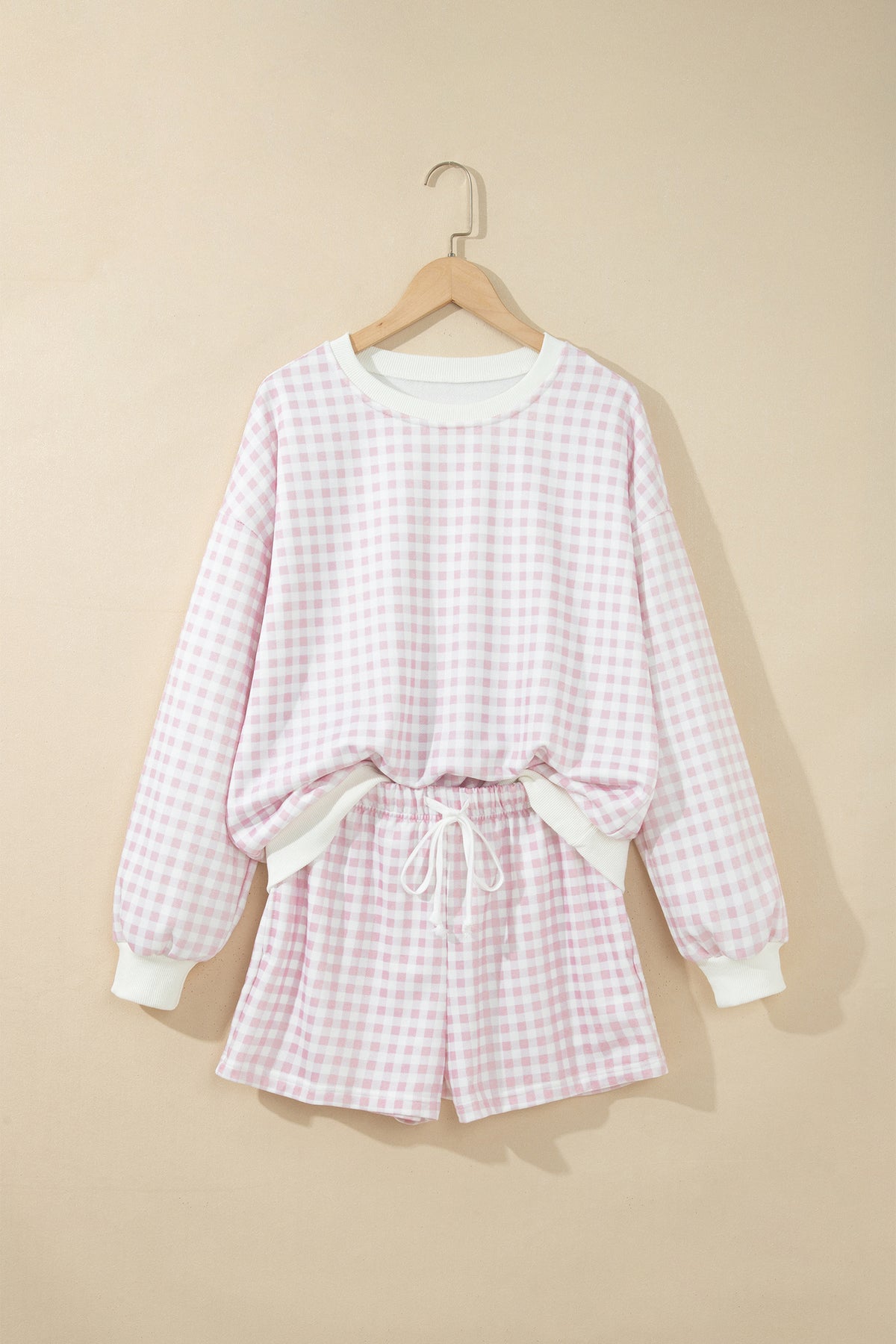 Pink Plaid Baggy Pullover Drawstring Casual Shorts 2pcs Outfit PREORDER ETA 3 WEEKS