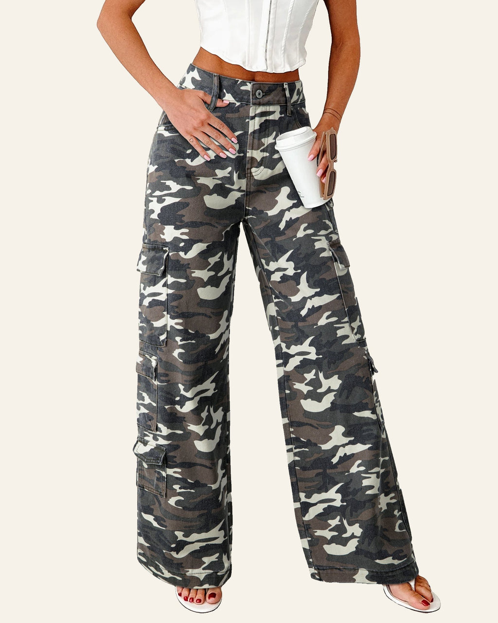 Green Camo Cargo Wide Leg Pants