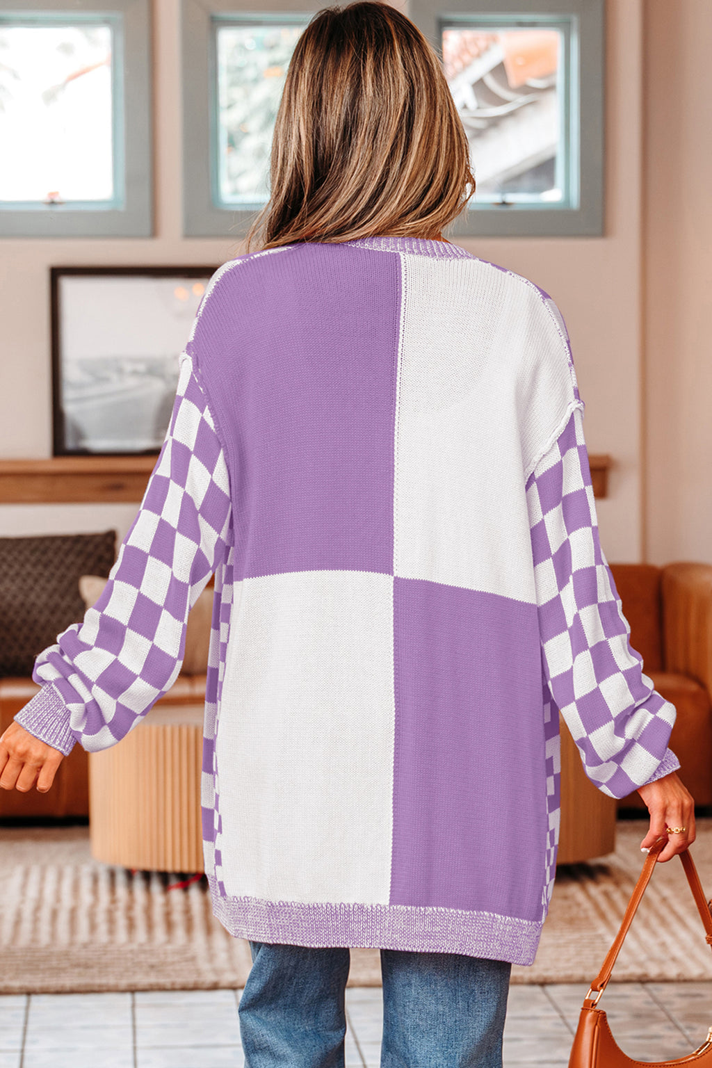 Purple Checkered Open Front Drop Shoulder Cardigan PREORDER ETA 3 WEEKS