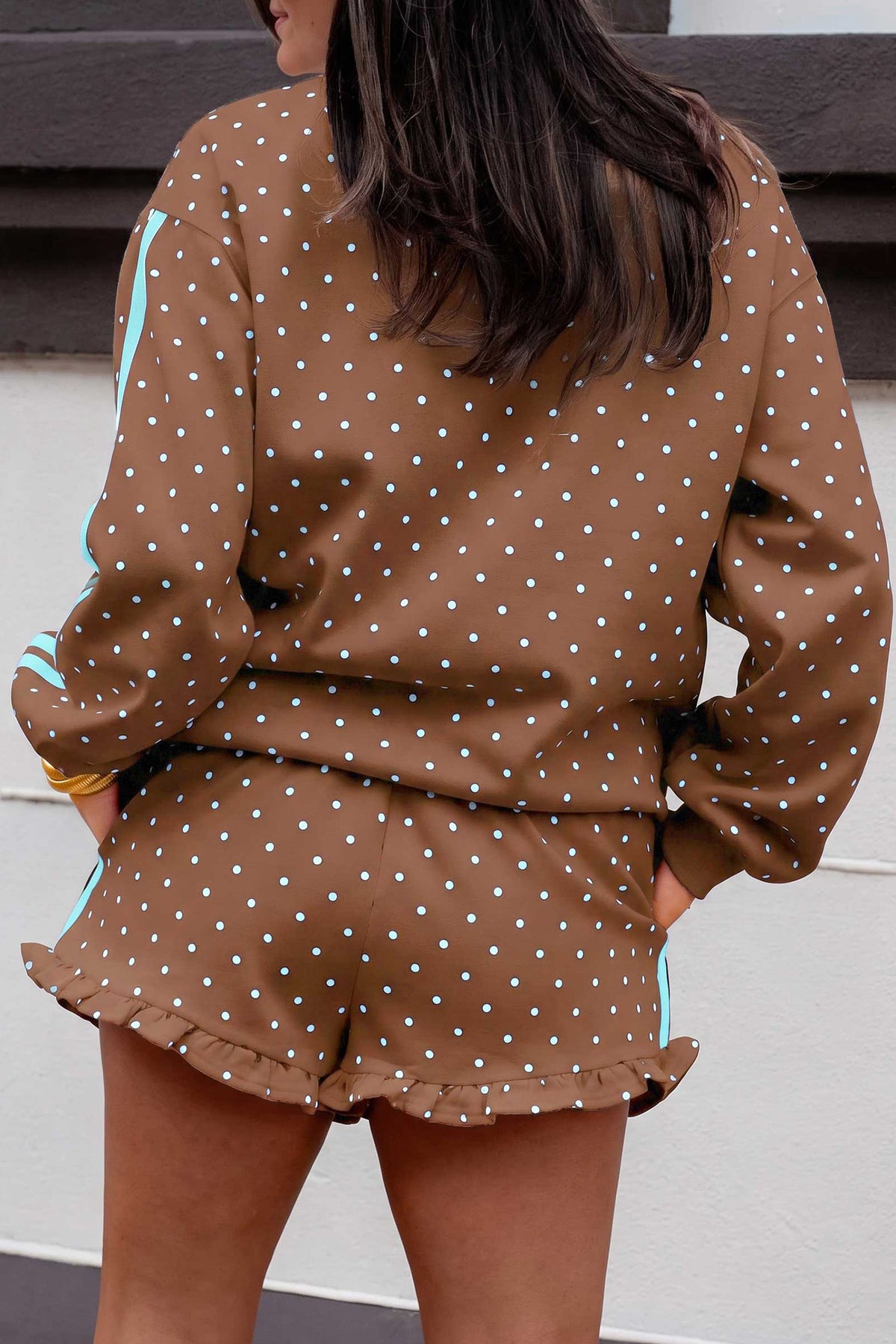 Brown Polka Dot Print Side Stripe Detail Casual Sweatshirt 2pcs Short Set PREORDER ETA 3 WEEKS