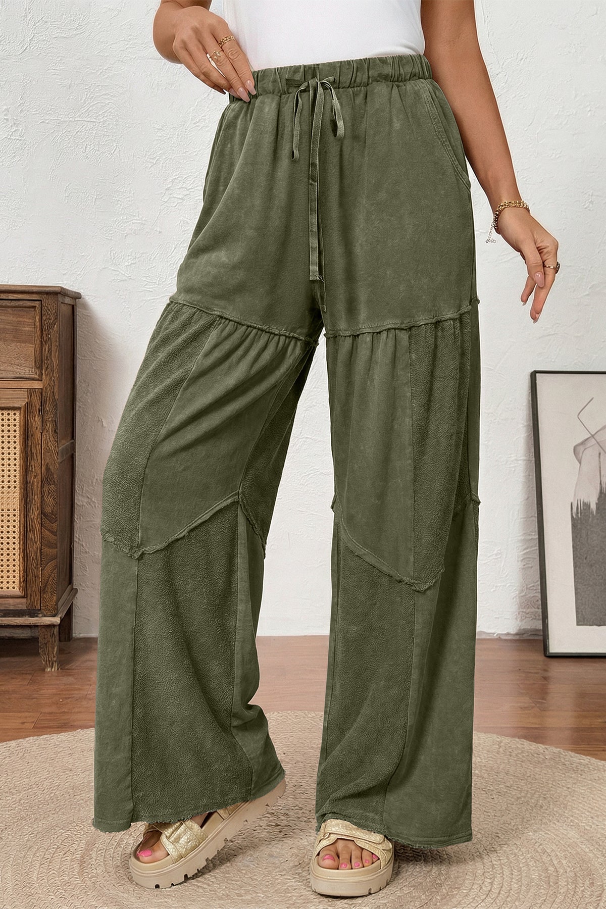 Vineyard Green Mineral Wash Tiered Wide Leg Patchwork Drawstring Pants PREORDER ETA 3 WEEKS