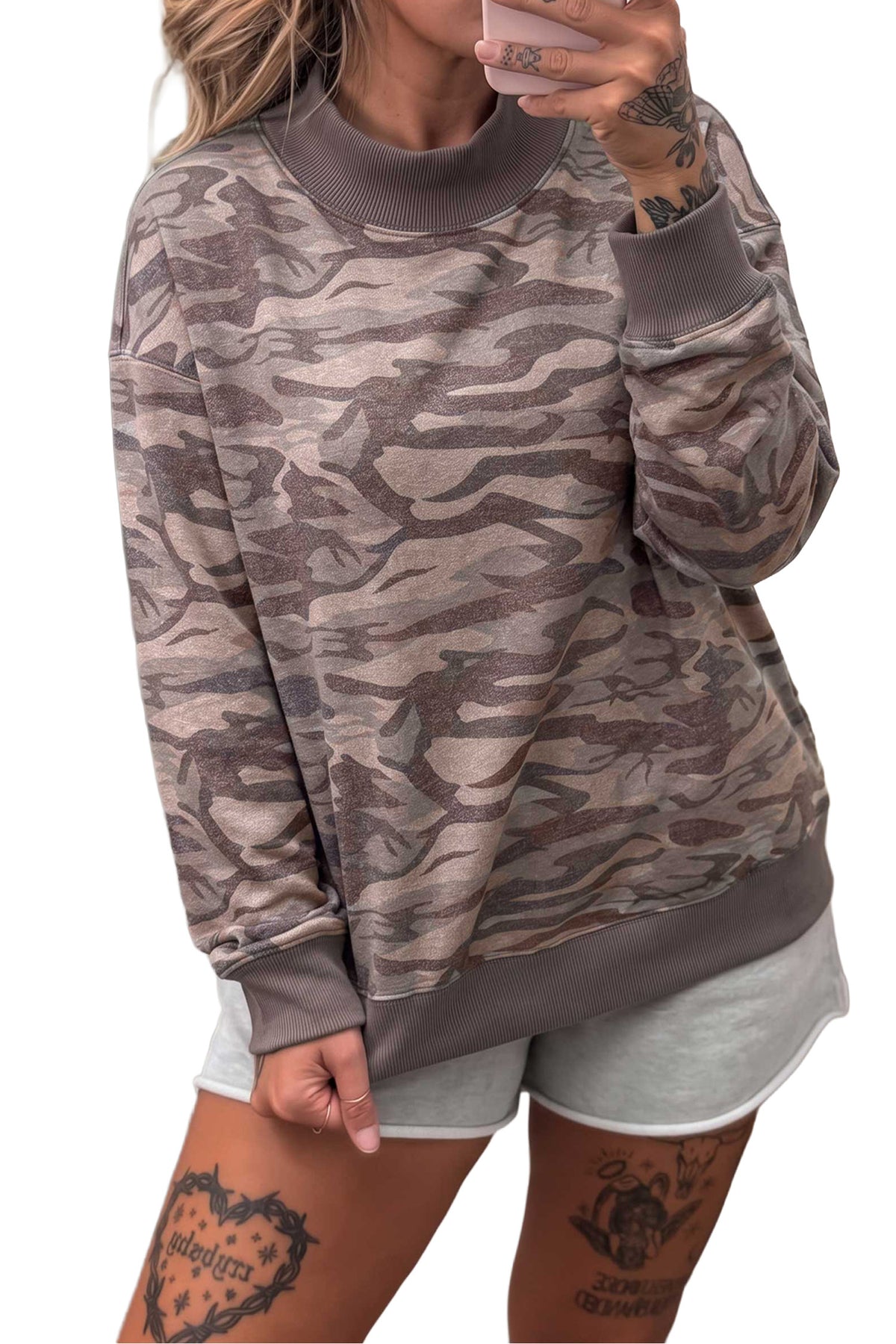 Multicolour Camouflage Print Mock Neck Casual Pullover Sweatshirt PREORDER ETA 3 WEEKS