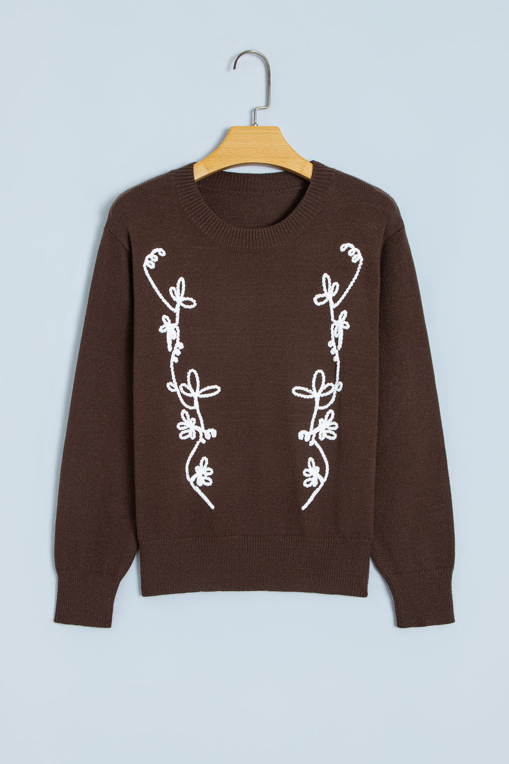 Chicory Coffee Embroidered Floral Round Neck Casual Shift Sweater PREORDER ETA 3 WEEKS