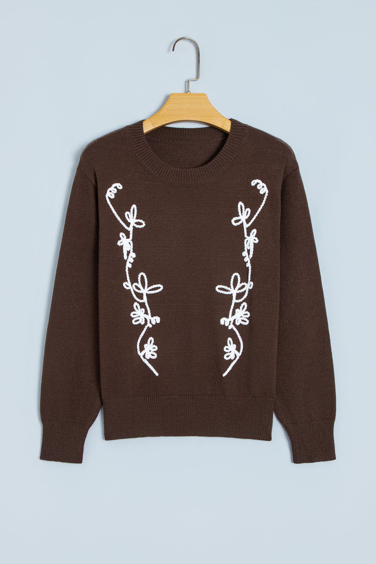 Chicory Coffee Embroidered Floral Round Neck Casual Shift Sweater PREORDER ETA 3 WEEKS